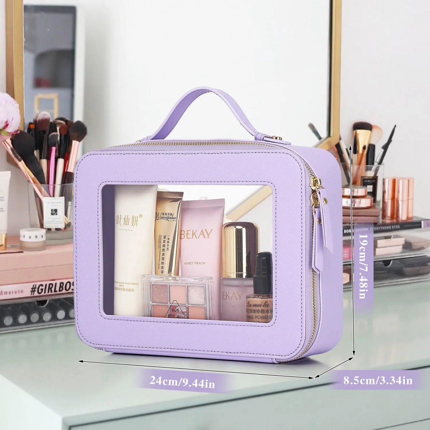 Pinkmik Clear Makeup Bag, (Purple, L) | Mahjong Tiles Bag ,Travel Cosmetics and Toiletries Case, Portable Makeup Organizer,Car Bag with Zipper,Waterproof,