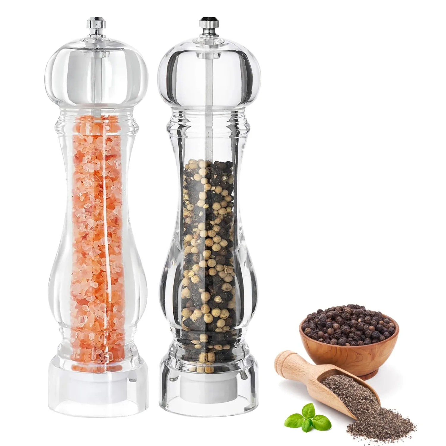 Salt and Pepper Grinder Set, Manual Pepper Mills, 2Pcs Salt Grinder Peppercorn Grinders with Adjustable Coarseness-Clear