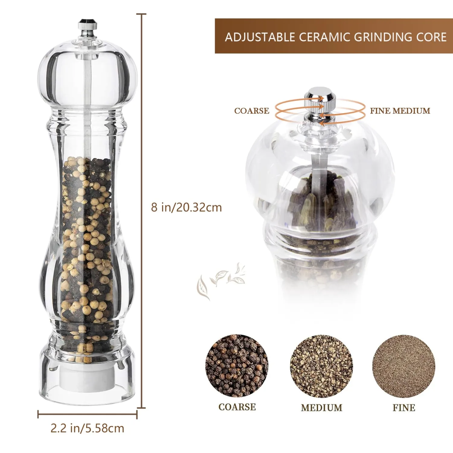 Salt and Pepper Grinder Set, Manual Pepper Mills, 2Pcs Salt Grinder Peppercorn Grinders with Adjustable Coarseness-Clear