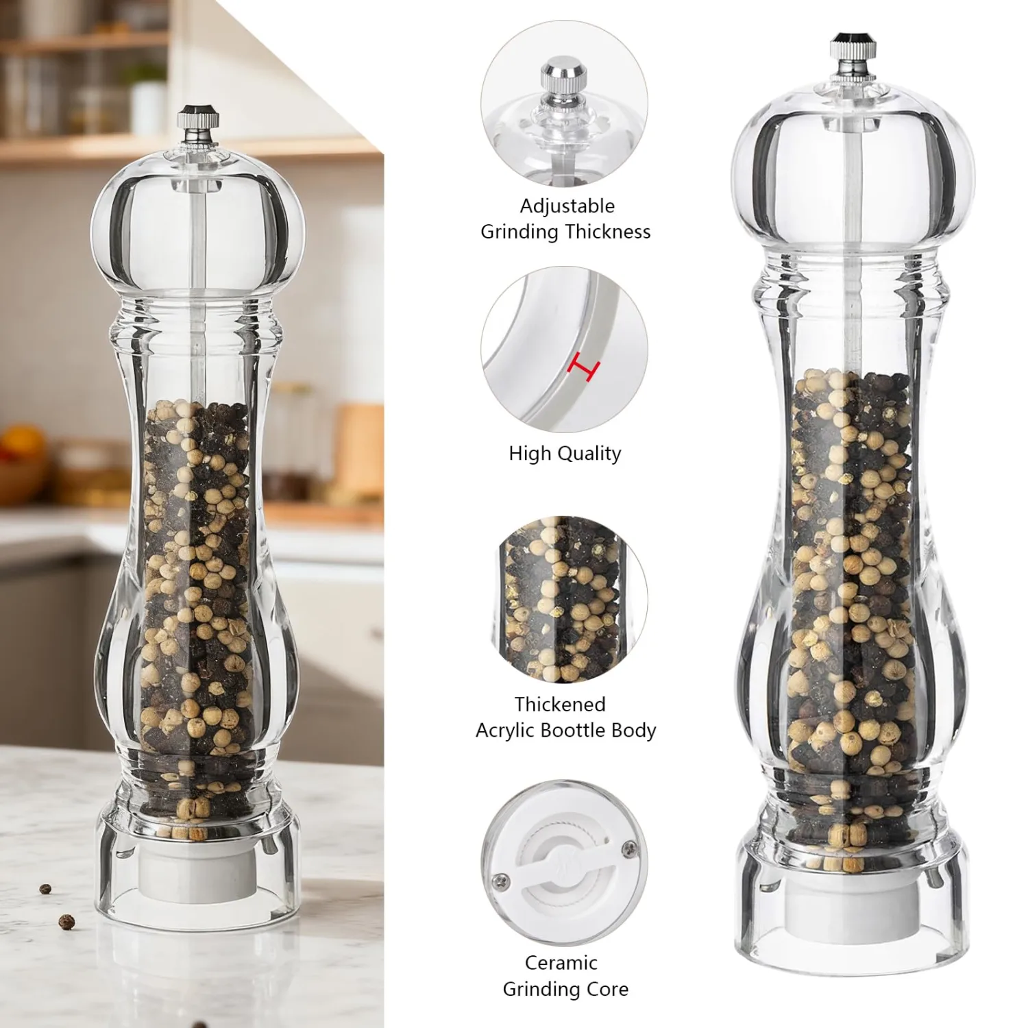Salt and Pepper Grinder Set, Manual Pepper Mills, 2Pcs Salt Grinder Peppercorn Grinders with Adjustable Coarseness-Clear