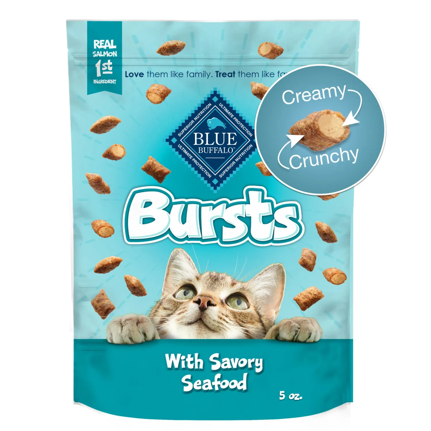 Blue Buffalo Bursts Seafood Crunchy & Creamy Cat Treats, 5 oz | Real Salmon First, Crunchy Shell with Creamy Center, No Poultry By-Product, Corn, Wheat, or Soy