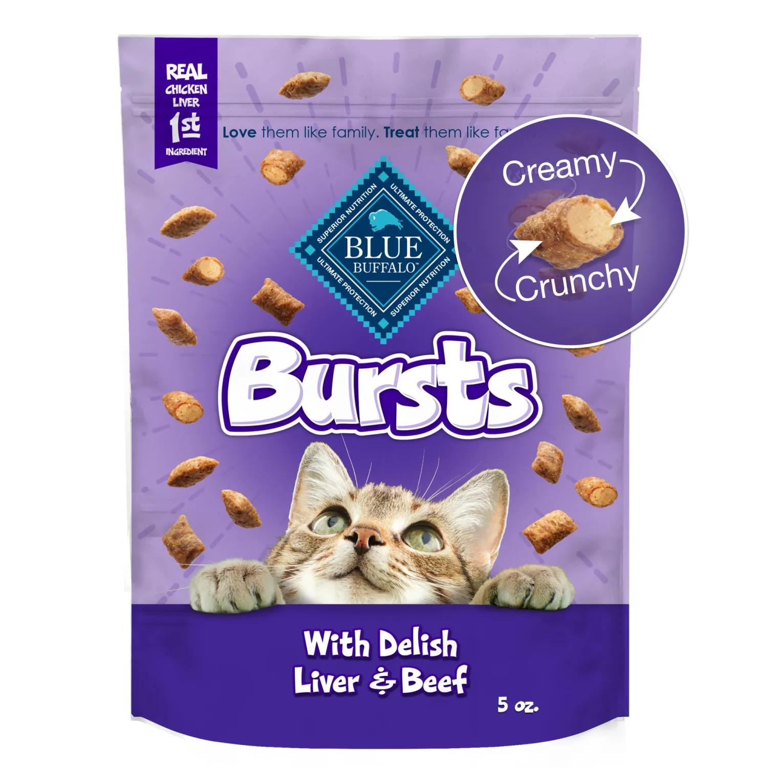 Blue Buffalo Bursts Liver & Beef Crunchy & Creamy Cat Treats, 5 oz | Real Chicken Liver First, Crunchy Shell with Creamy Center, No Poultry By-Product, Corn, Wheat, or Soy