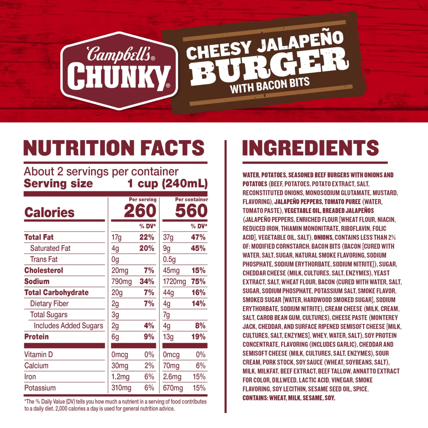 Campbell's Chunky Cheesy Jalapeño Burger with Bacon Bits Soup, 18.8 oz Can