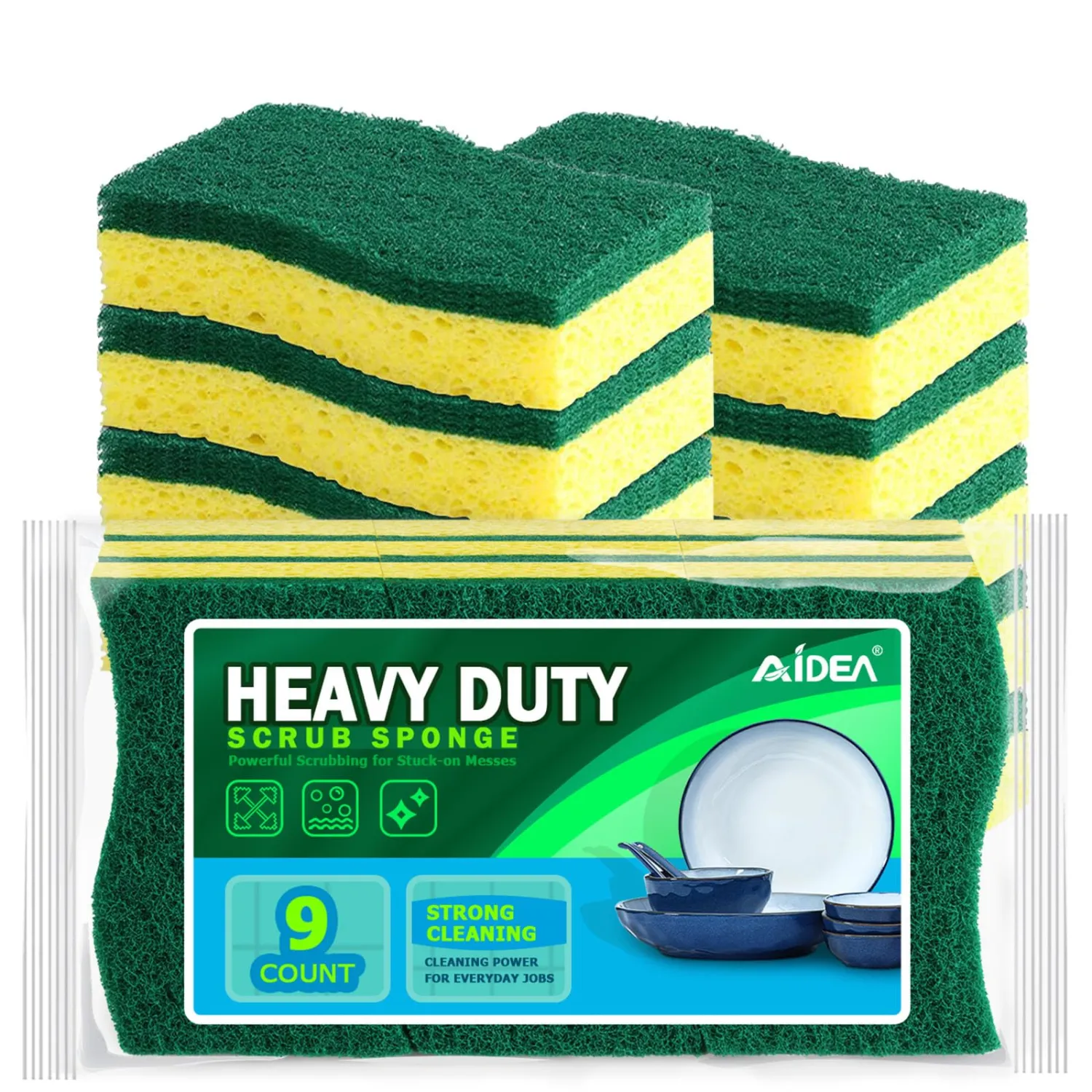 AIDEA Sponges Kitchen, 9Count, Dish Sponges, Heavy-Duty Scrub Sponge | Kitchen Sponge for Non-Coated Cookware, Scrubbing Power for Tough Messes, Cleaning Sponge for Kitchen, Bathroom, Household