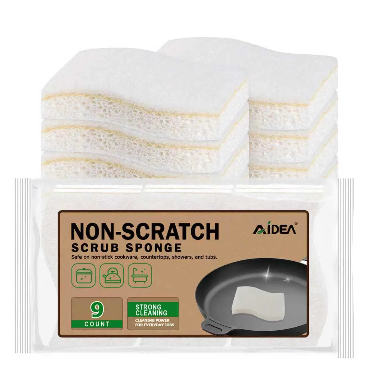 AIDEA Sponges Kitchen, 9Count, Non-Scratch Scrub Sponge for Dishes | Natural Sponge for Non-Stick Cookware, Cellulose Dish Sponges, Cleaning Power for Kitchen, Bathroom, Household
