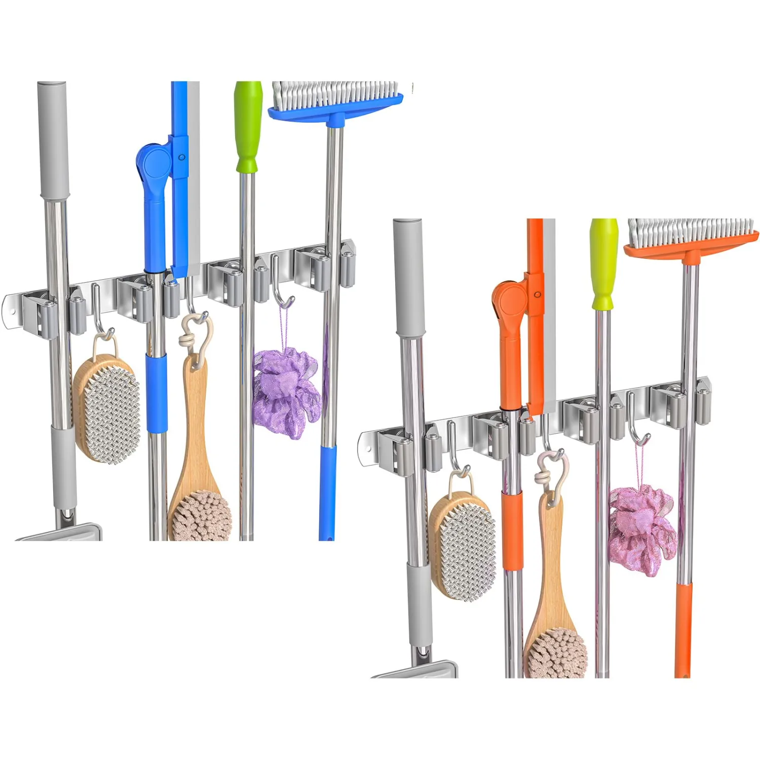 Broom Holder Wall Mount Mop Organizer, 4 Racks 3 Hooks, 2 Pack | Premium Stainless Steel Mop Holder Storage Tool Utility Racks Solid for Home Kitchen Garden Laundry Garage