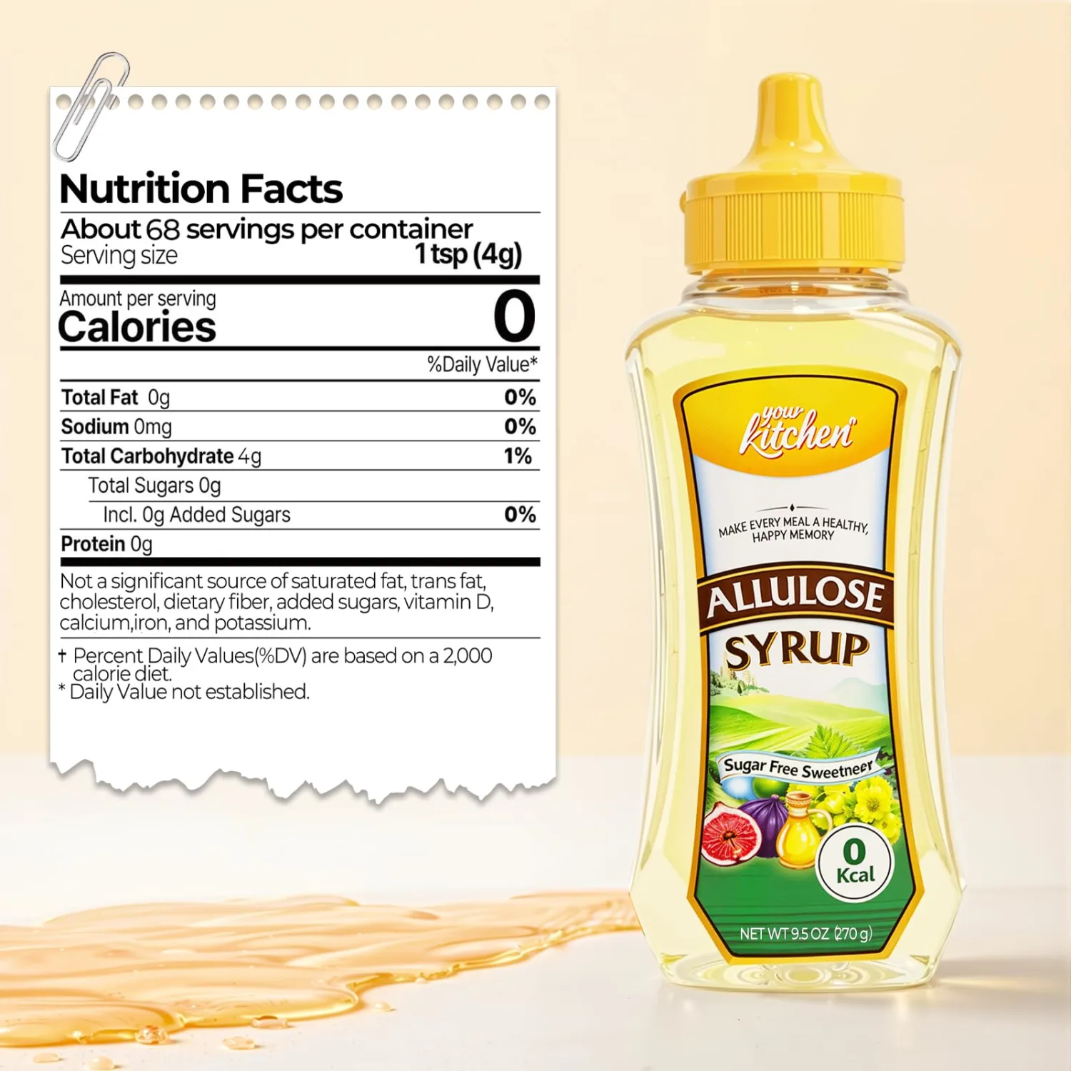 Your Kitchen Allulose Syrup 9.5 Oz - 99.5% Keto Liquid Allulose | Zero Calorie Sweetener, Low Glycemic, Non Erythritol, Stevia Blend Thin Syrup, 0 Net Carbs Sugar Substitute