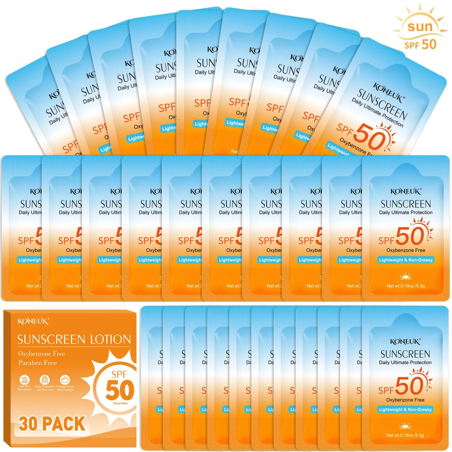 30 Pack Travel Size Sunscreen, SPF 50, Mini Sunscreen for Face and Body | Lightweight and Non-Greasy, Travel Size for Summer Beach and Outdoor, 0.19 OZ/Pack