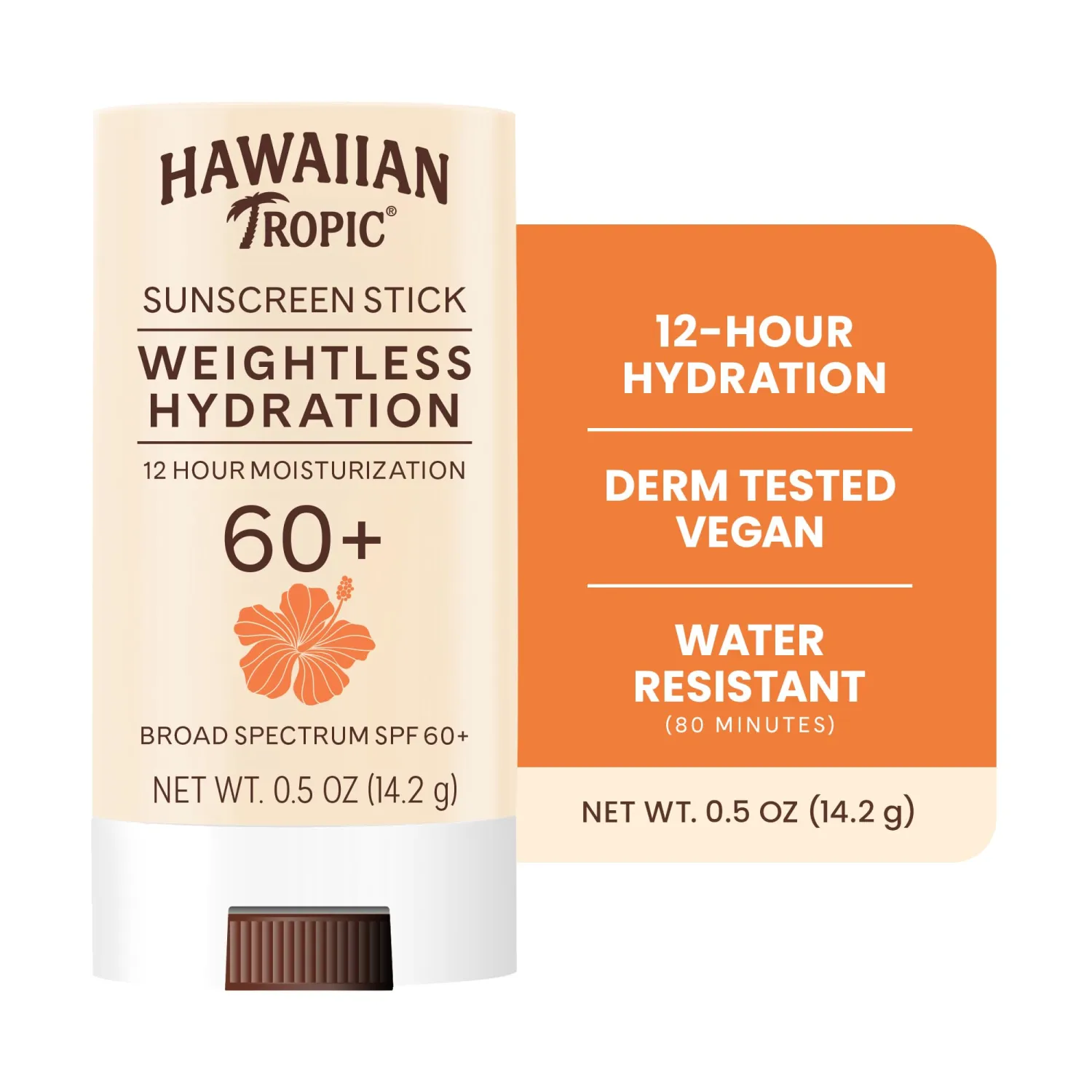 Hawaiian Tropic Weightless Hydration Sunscreen Stick SPF 60+, 0.5 Oz | Travel size sunscreen for face and body, Clear sunblock, Oil free stick application, UVA/UVB broad spectrum protection