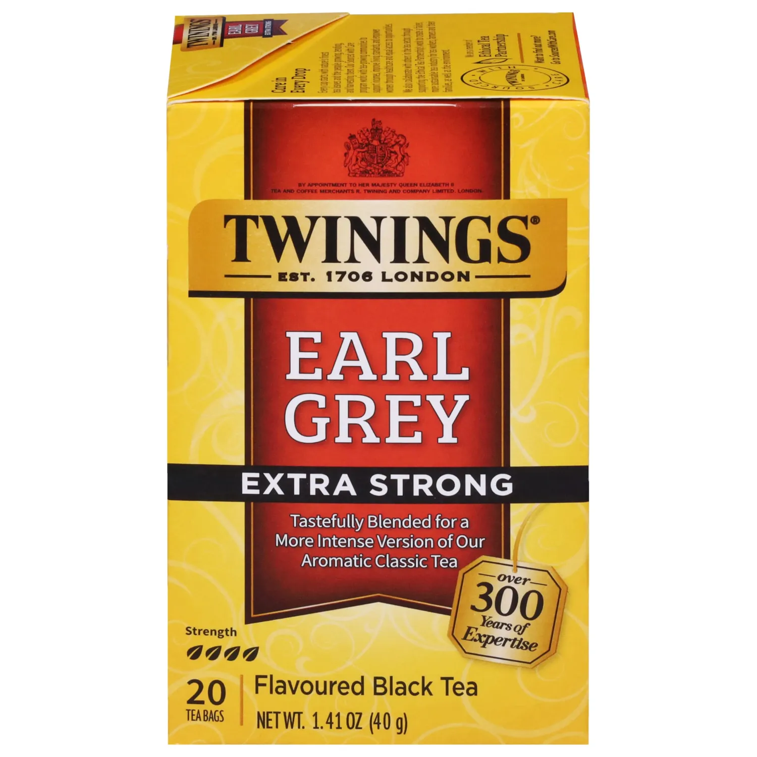 Twinings Earl Grey Extra Strong Bergamot Black Tea Bags, 20 CT Box (1 Pack) | Classic Black Tea, Bold Citrus Flavour, Naturally Caffeinated, 20 Foil Lined Individually Wrapped Bags, Enjoy Hot or Iced