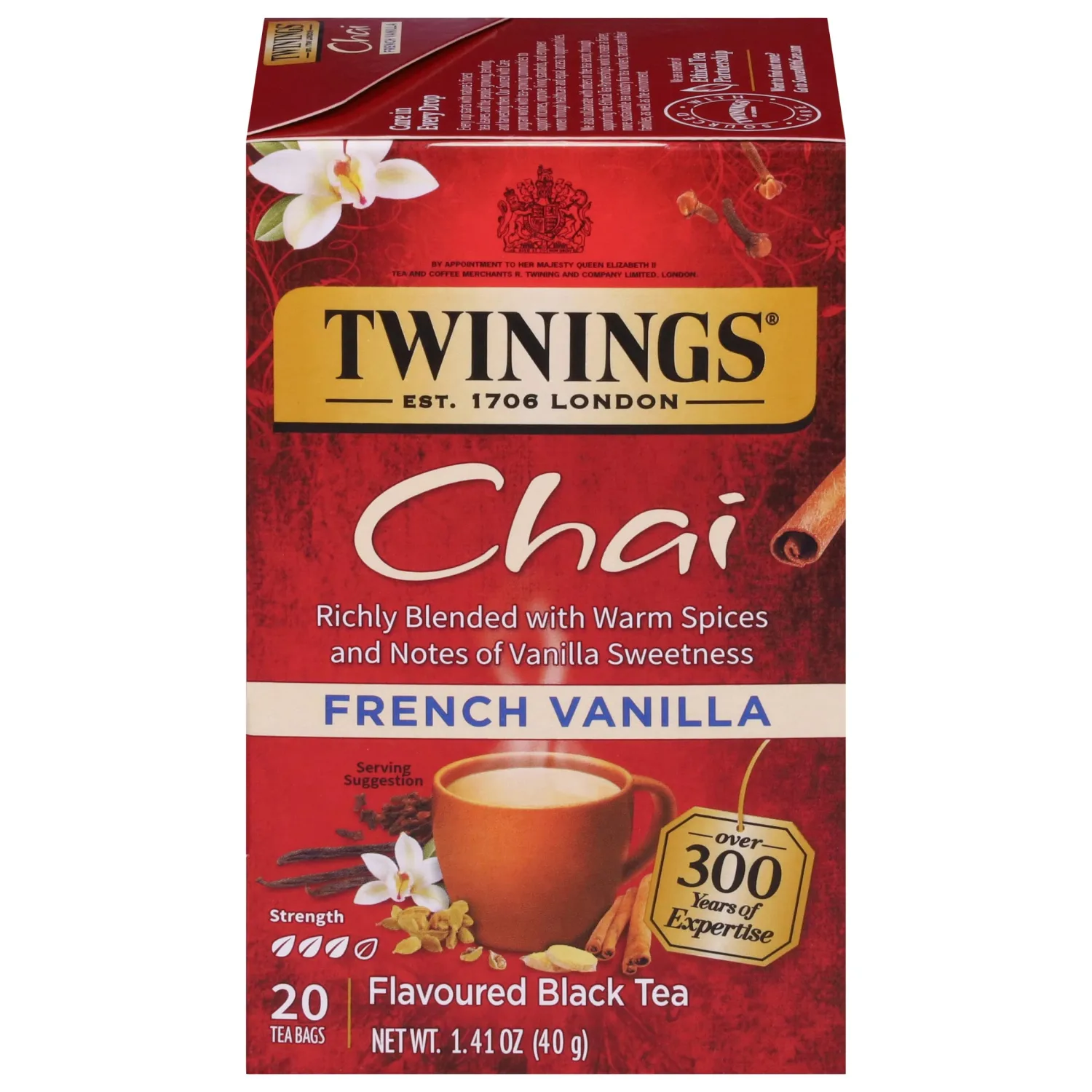 Twinings French Vanilla Chai Spiced Black Tea Bags, 20 CT Box (1 Pack) | Sweet Vanilla & Savoury Cinnamon, Ginger, Cardamom & Clove, Naturally Caffeinated, 20 Foil Lined Individually Wrapped Bags