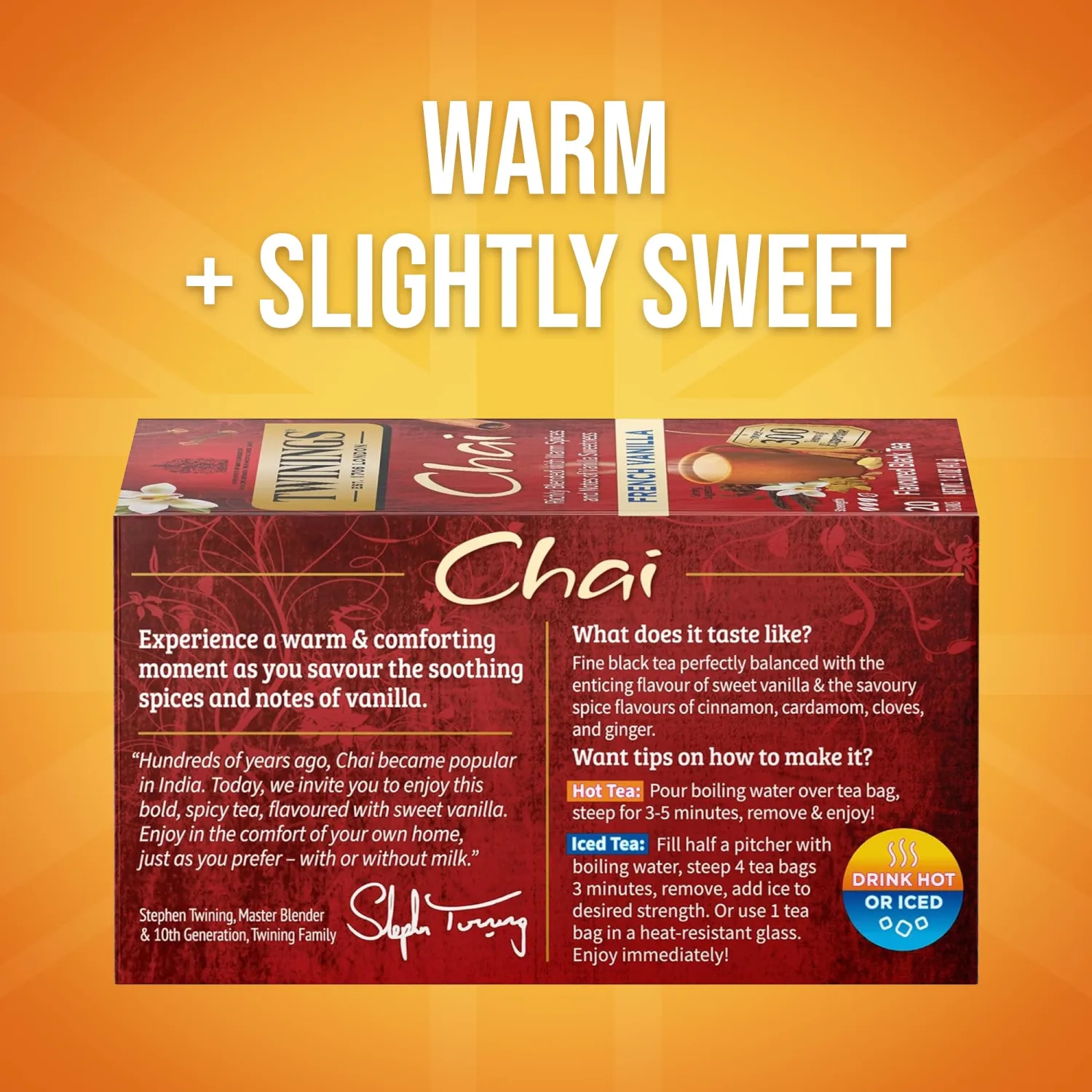 Twinings French Vanilla Chai Spiced Black Tea Bags, 20 CT Box (1 Pack) | Sweet Vanilla & Savoury Cinnamon, Ginger, Cardamom & Clove, Naturally Caffeinated, 20 Foil Lined Individually Wrapped Bags