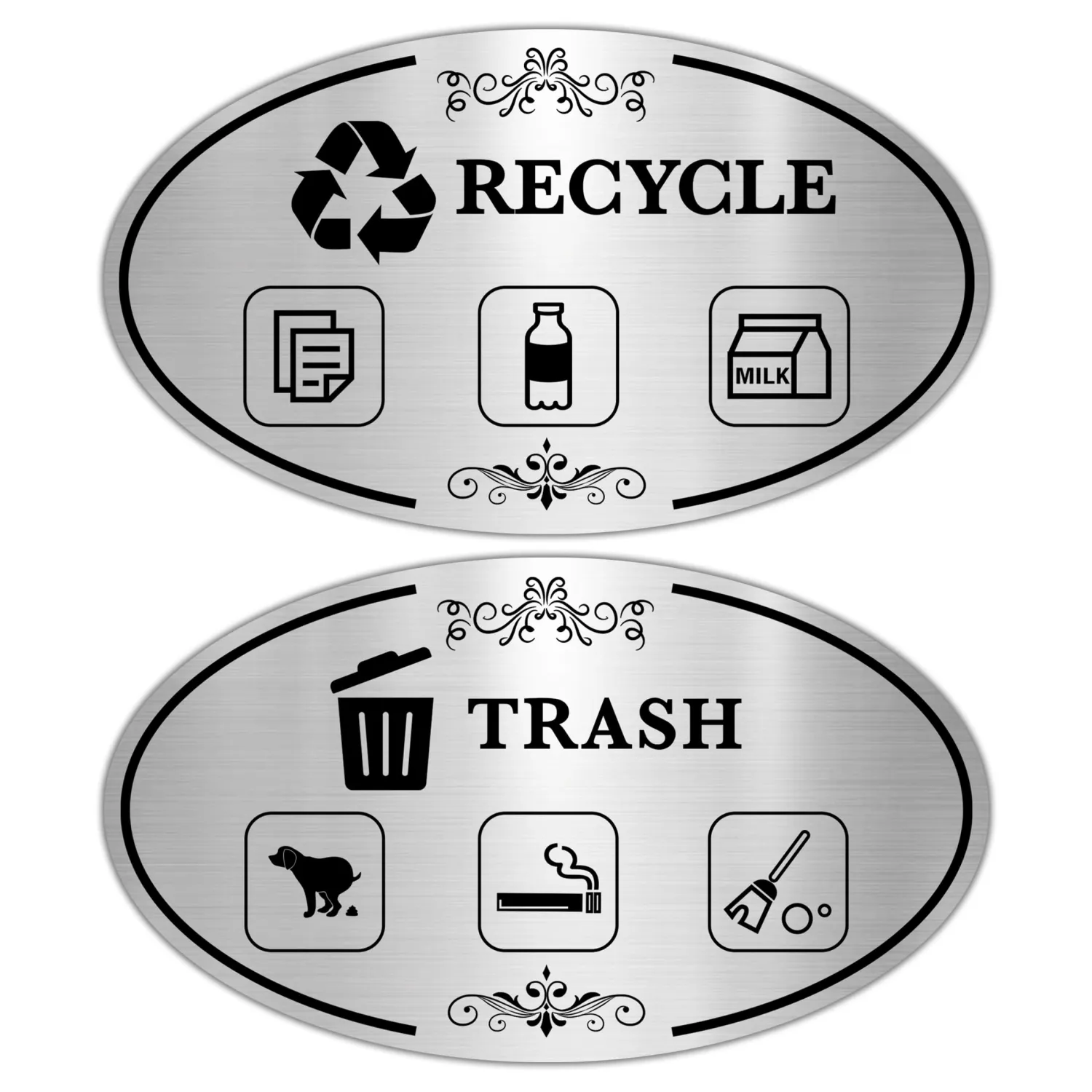 2PCS Recycle Stickers for Trash Bins, Self-Adhesive Waterproof Brushed Silver Trash and Recycling Stickers for Trash Can, Kitchen, Office, Garbage Bin Indoor, Outdoor Use 5.5x3.2IN