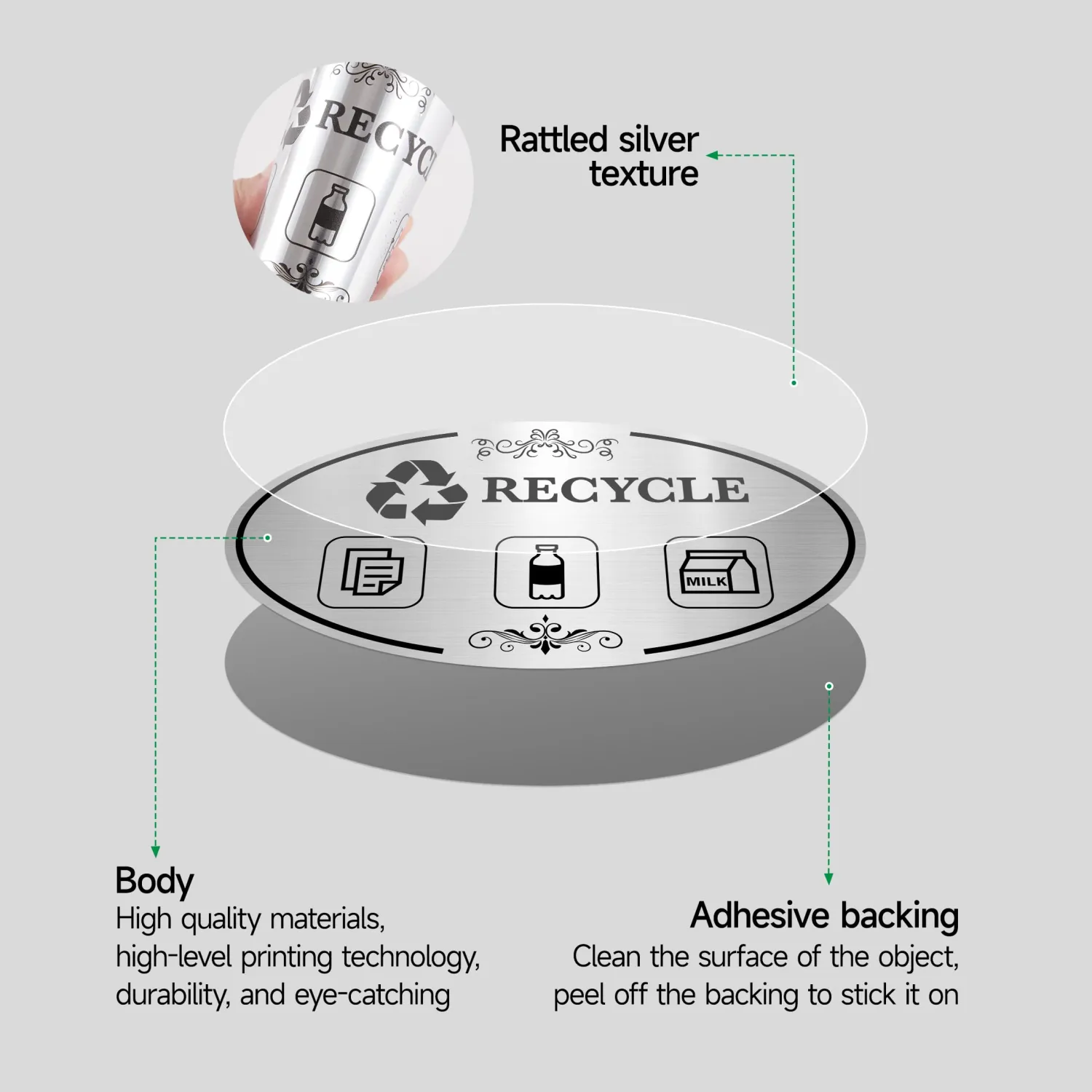 2PCS Recycle Stickers for Trash Bins, Self-Adhesive Waterproof Brushed Silver Trash and Recycling Stickers for Trash Can, Kitchen, Office, Garbage Bin Indoor, Outdoor Use 5.5x3.2IN