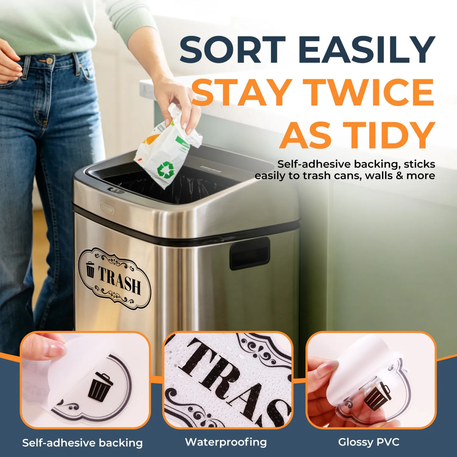 2PCS Recycle Stickers for Trash Bins, Self-Adhesive Waterproof Transparent Trash and Recycling Stickers for Trash Can, Kitchen, Office, Garbage Bin Indoor, Outdoor Use