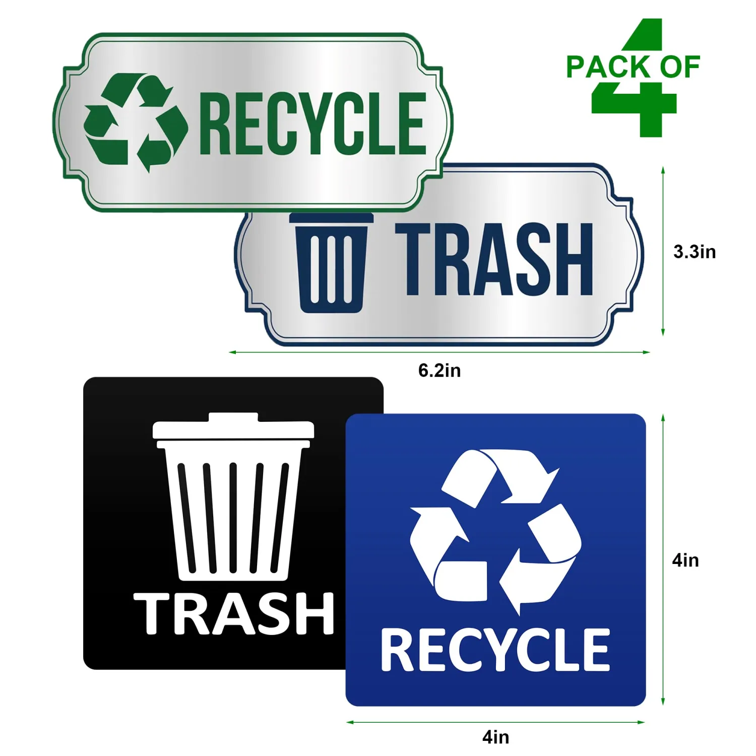 Trash and Recycle Stickers for Bins, 4-Piece Set Waterproof Self Adhesive Recycling Stickers for Trash Cans Waste Signs for Home, Kitchen, Office Indoor & Outdoor Use