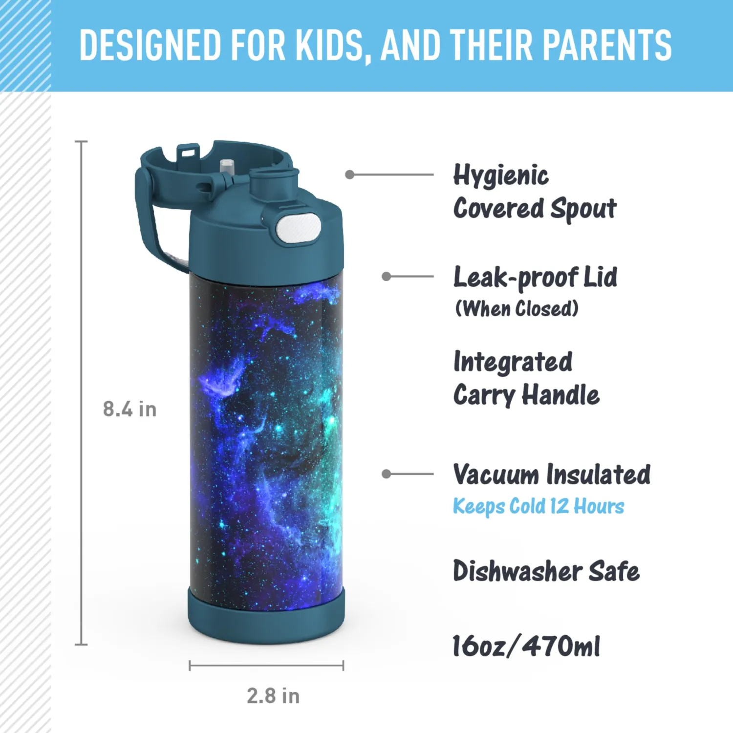 THERMOS FUNTAINER Water Bottle with Spout, 16oz, Galaxy Teal | Kids Stainless Steel Insulated Water Bottle, Keeps Drinks Cold Longer for School & Play, BPA-Free