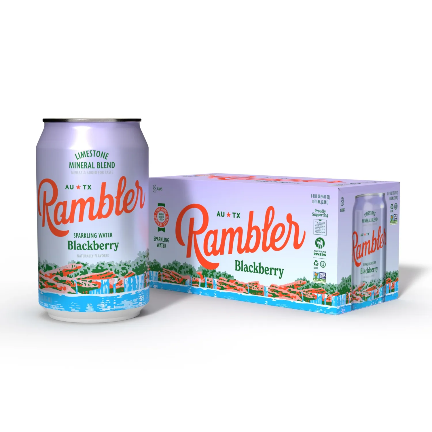 AUTX RAMBLER Sparkling Water, Texas Limestone Mineral Blend, Blackberry x Satsuma, 12-Ounce Cans, 8 Count x 2 (16 Cans Total)