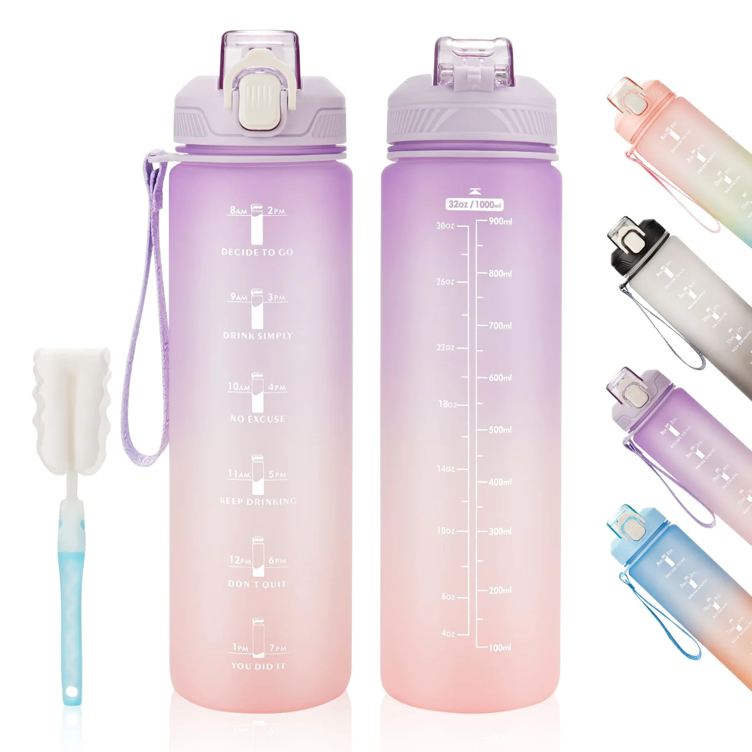 YC Kitchen 32oz Motivational Water Bottle with Straw & Carrying Strap | Leak-proof BPA Free Sports Water Bottles with Time Marker, with Times to Drink,Fitness, Gym, and Outdoor Sports