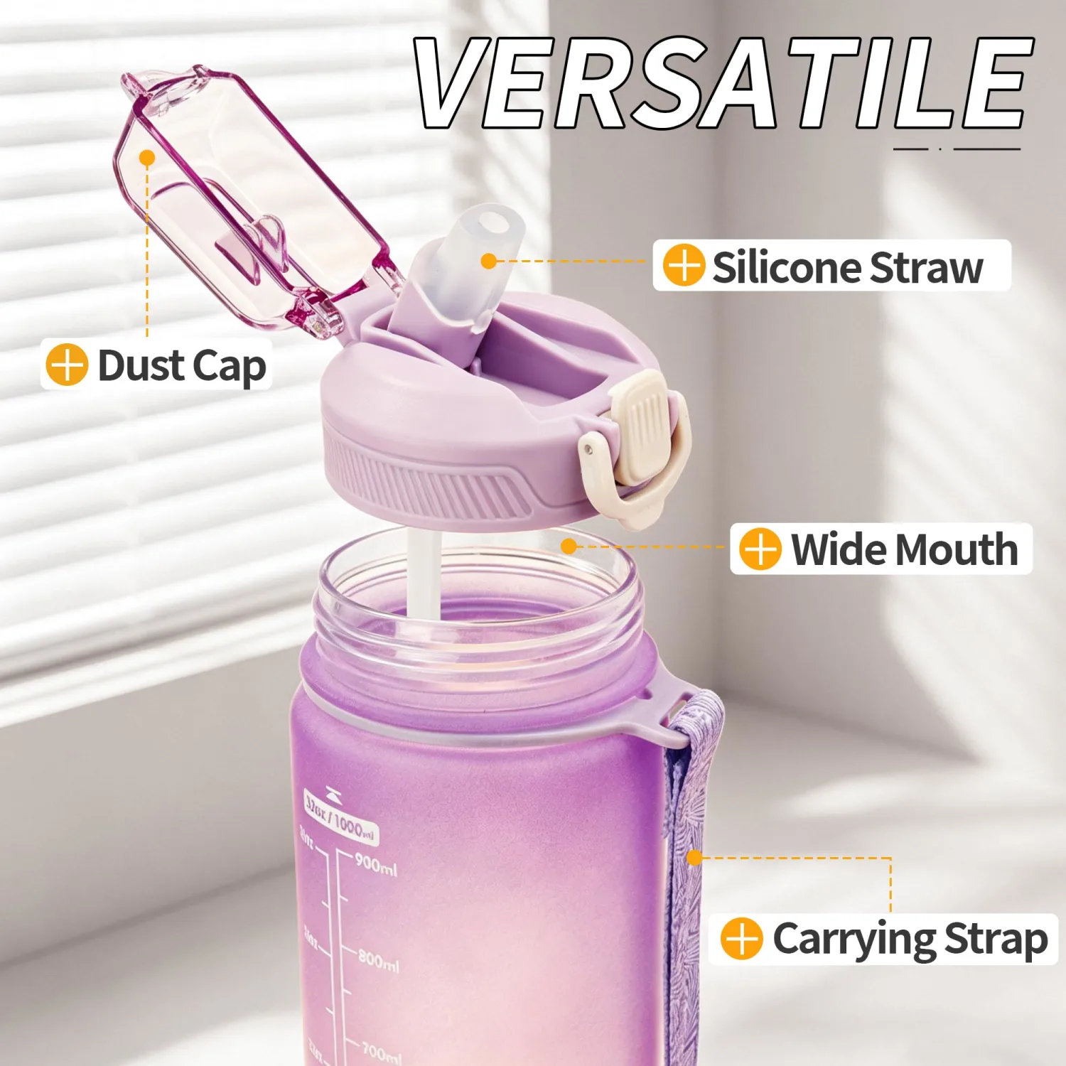 YC Kitchen 32oz Motivational Water Bottle with Straw & Carrying Strap | Leak-proof BPA Free Sports Water Bottles with Time Marker, with Times to Drink,Fitness, Gym, and Outdoor Sports