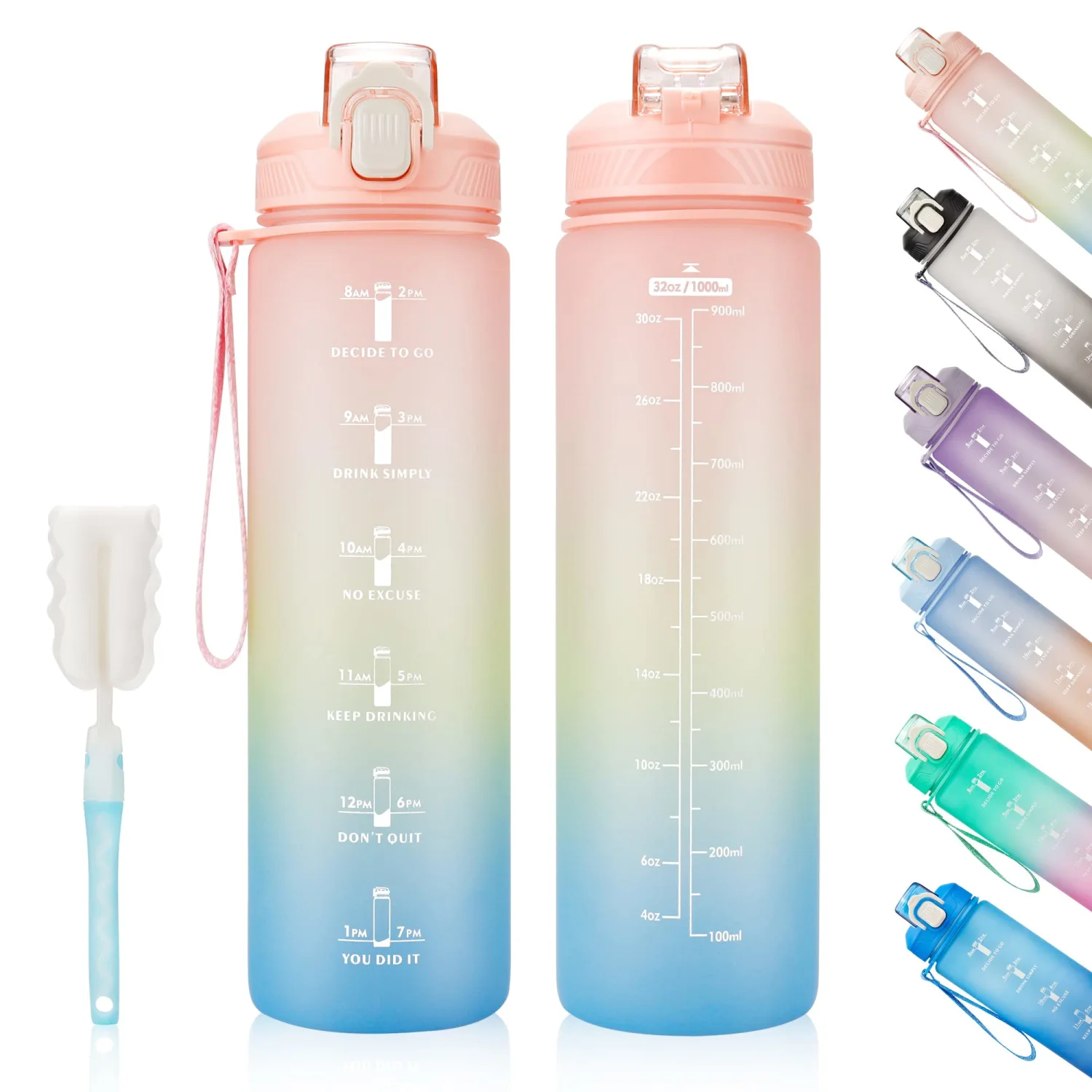 YC Kitchen Motivational Water Bottle with Time Marker- 32oz Water Bottles with Times to Drink, Leakproof & BPA Free Sports Water Bottle with Straw & Carry Strap for Fitness, Gym, and Outdoor Sports
