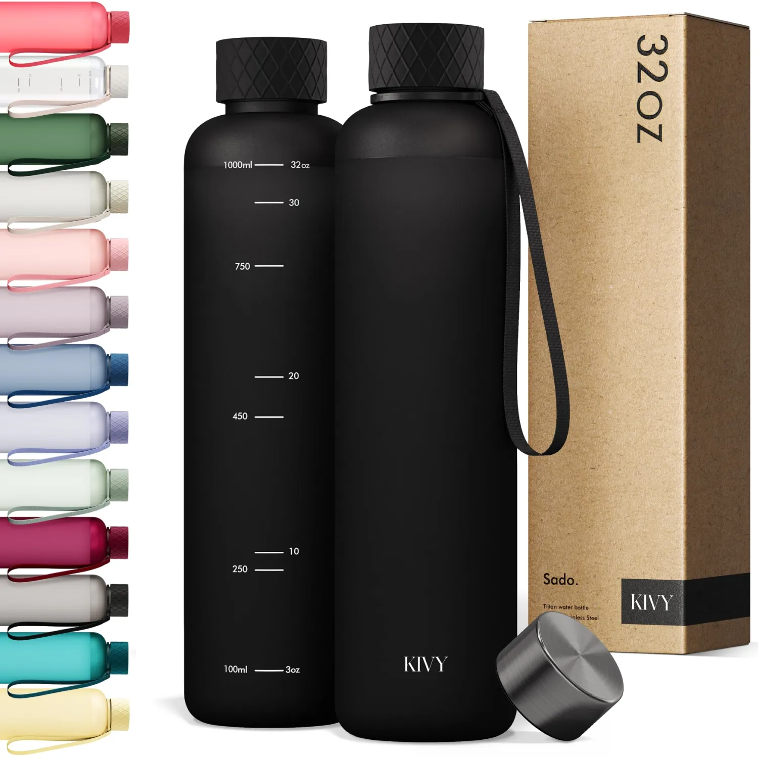 KIVY Slim Water Bottle 32oz [Lightweight & Shatterproof] - Reusable Tritan Water Bottle - Leak Proof Water Bottle for Women & Men - No Spill - Dishwasher Safe - Black