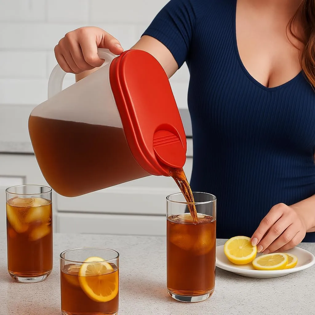 2-Pack Water Pitcher with Lid & Pivot Top Spout 1 Gallon Pitcher - Red | Slim Design Fits Fridge Door - Freezer/Dishwasher Safe, BPA Free & Phthalate Free
