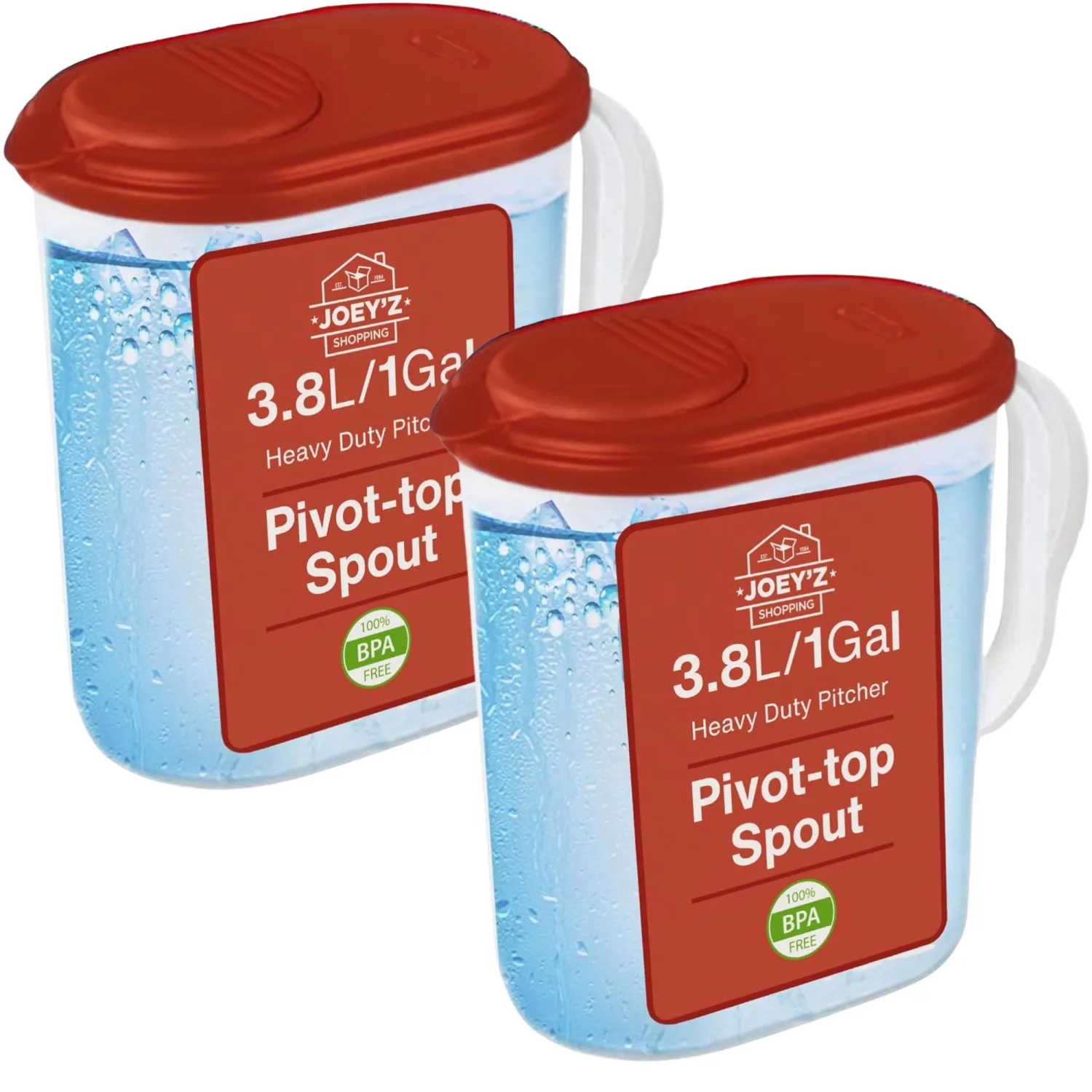 2-Pack Water Pitcher with Lid & Pivot Top Spout 1 Gallon Pitcher - Red | Slim Design Fits Fridge Door - Freezer/Dishwasher Safe, BPA Free & Phthalate Free