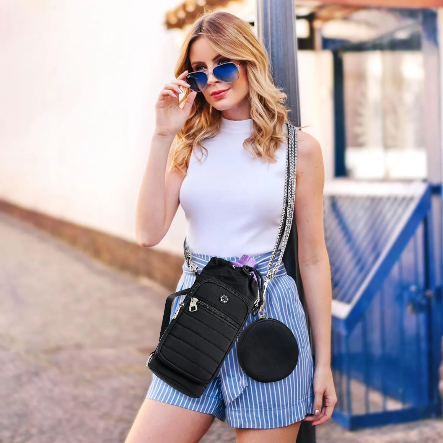 Water Bottle Carrier bag with Strap Phone Pocket for Walking, Hiking, Cycling
