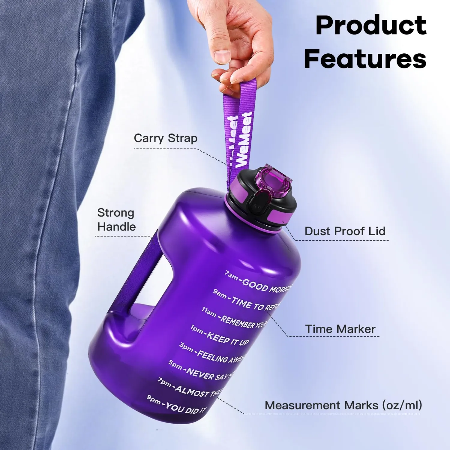 WEMEET Leakproof Water Bottle Motivational with Straw & Strap, BPA Free, 128 oz Gym Water Bottle with Time Marker, Water Jug for Outdoor Enthusiasts (Purple Blue)