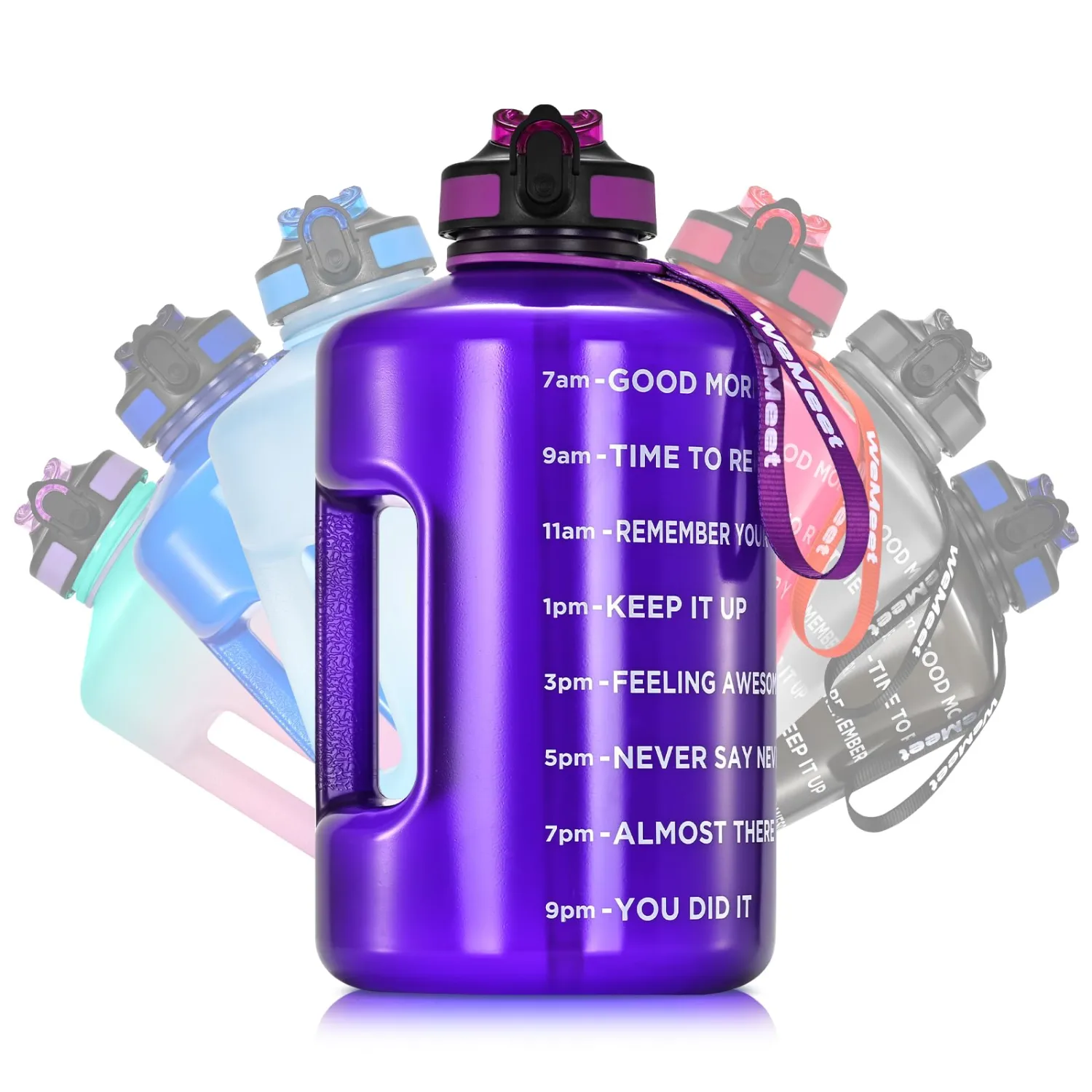 WEMEET Leakproof Water Bottle Motivational with Straw & Strap, BPA Free, 128 oz Gym Water Bottle with Time Marker, Water Jug for Outdoor Enthusiasts (Purple Blue)