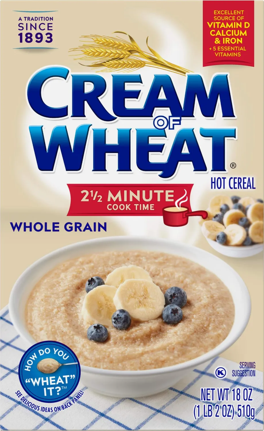 Cream of Wheat Whole Grain Hot Cereal, 2 1/2 Minute Cook Time, 18 Ounce