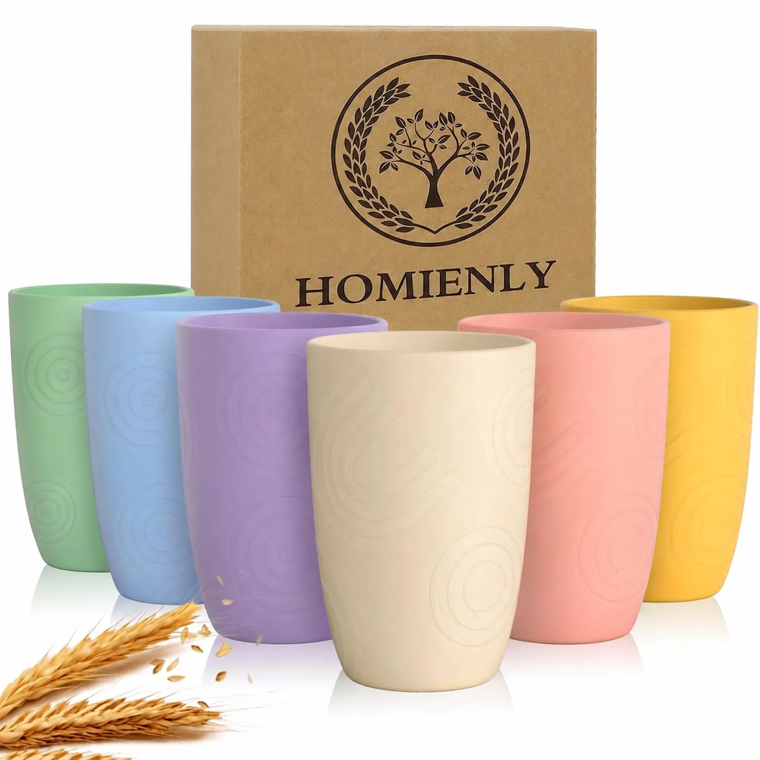 Homienly Wheat Straw Cups Lightweight Drinking Glasses Unbreakable Plastic Tumblers Dishwasher & Microwave Safe Plastic Cups for Kitchen, Travel, Camping, 12oz Reusable Cup Set (6 PCS, Multilight)
