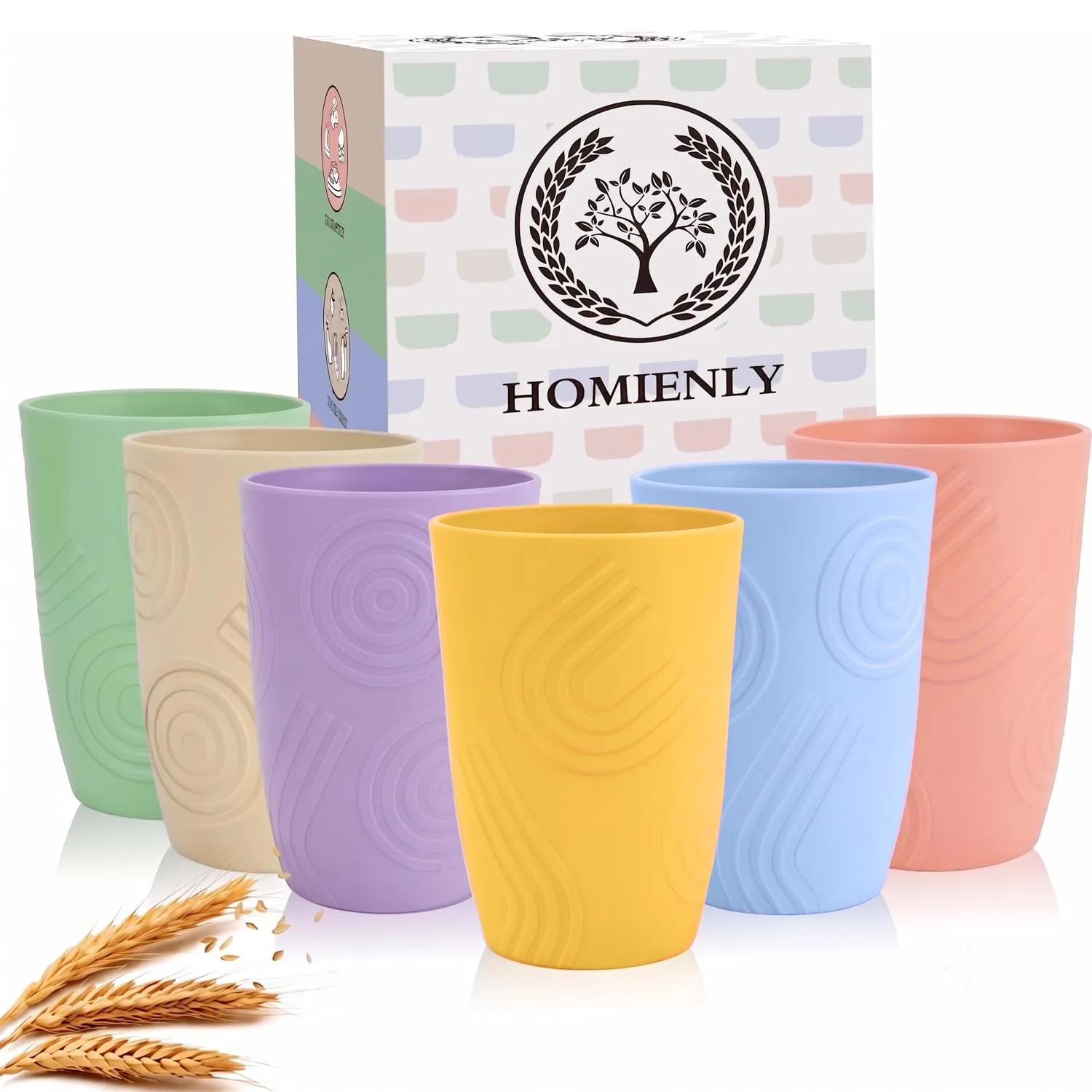 Homienly Wheat Straw Cups for Kitchen 16OZ Unbreakable Plastic Glasses Drinking Dishwasher & Microwave Safe Reusable Party Cups Camping Cup for Coke, Water, Iced Coffee, Juice Set of 6 (Multilight)