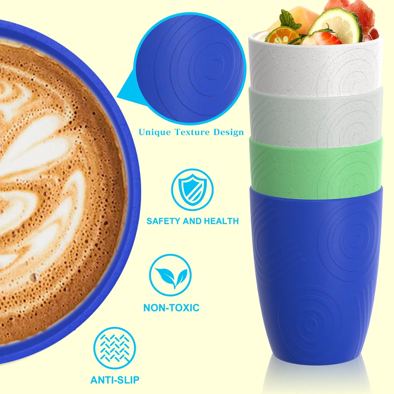 Homienly Drinking Glasses & Everyday Kids Tumblers Wheat Straw Cups 4-Pack Set | Textured Reusable Plastic Cups Essential Kitchen Cups | Dishwasher Safe for Party, Home, Camping (12 oz, Island Color)