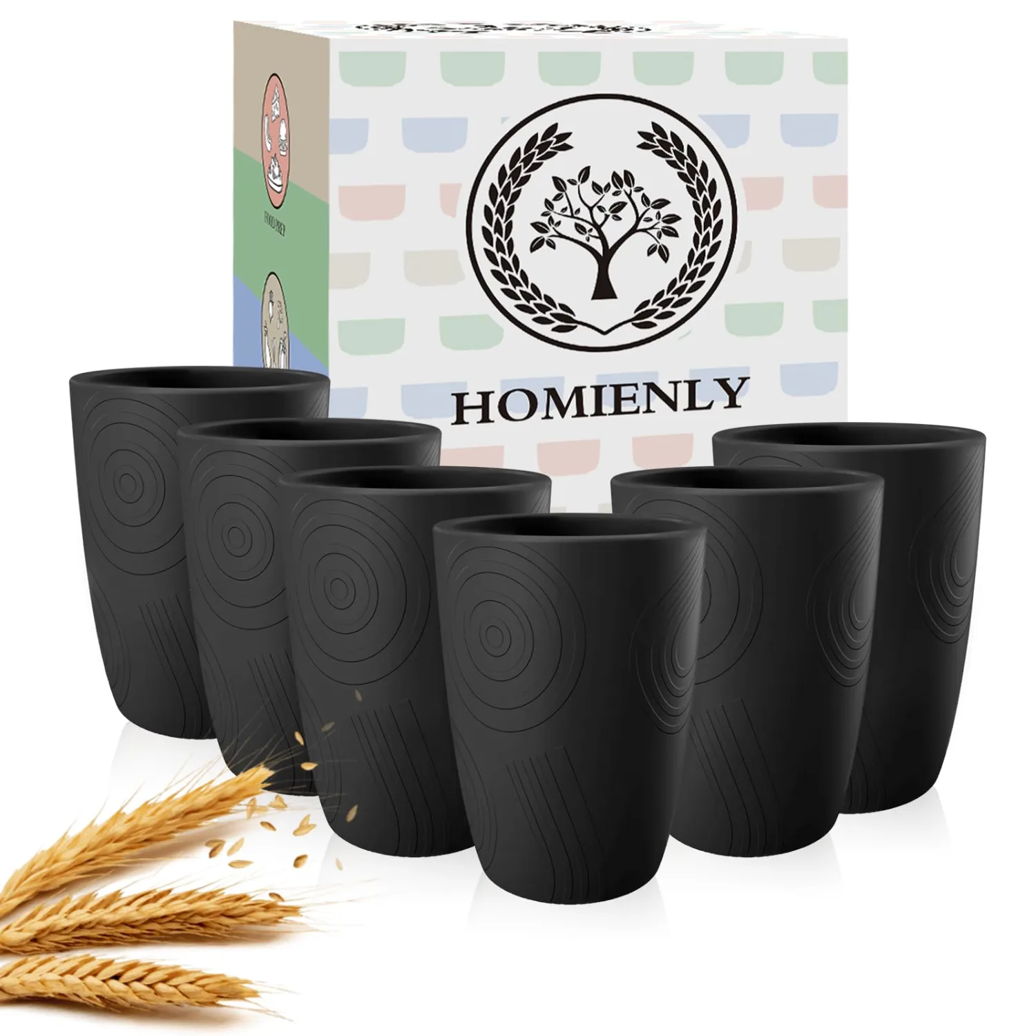 Homienly Wheat Straw Drinkware 12oz Unbreakable Drinking Glasses 6-Piece Stackable Kithen Cups Dishwasher and Microwave Safe Cups for Everyday Family Meals, Entertaining-Black