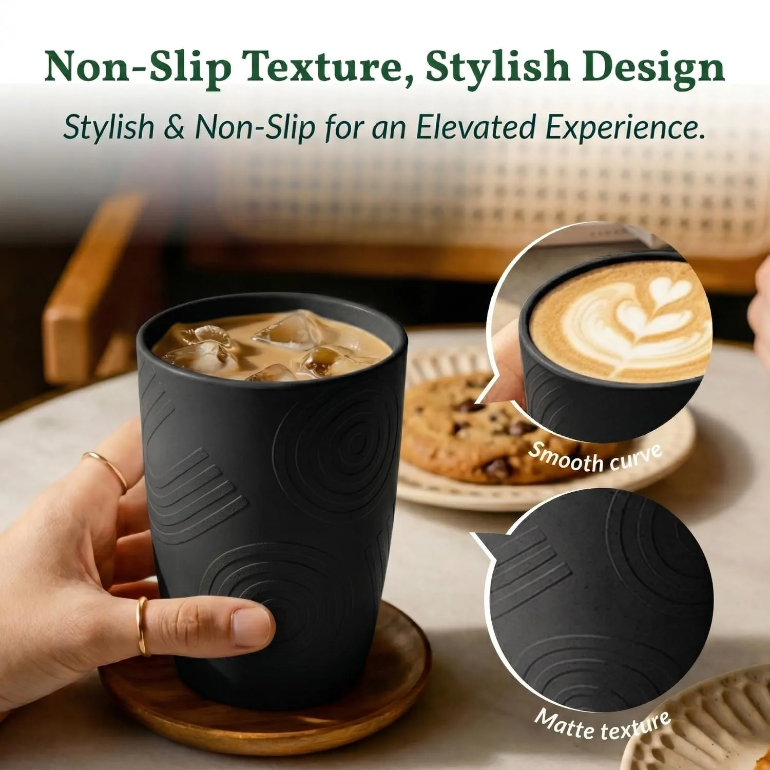 Homienly Wheat Straw Drinkware 12oz Unbreakable Drinking Glasses 6-Piece Stackable Kithen Cups Dishwasher and Microwave Safe Cups for Everyday Family Meals, Entertaining-Black