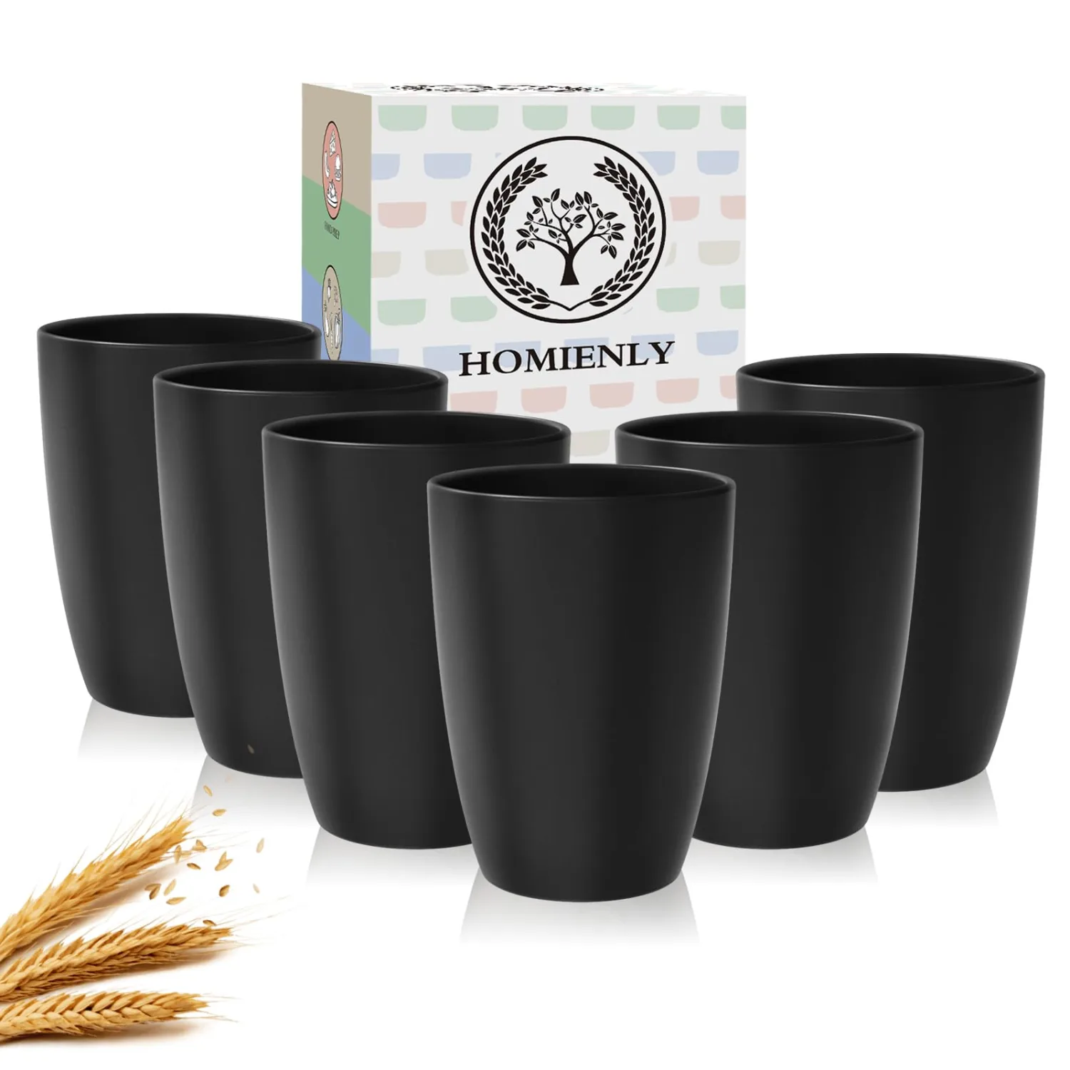 Homienly Kitchen Cups 20oz Wheat Straw Cups-6 pcs Lightweight cups Unbreakable & Reusable Glassware Set Stackable for Party,Camping,Picnic-Black