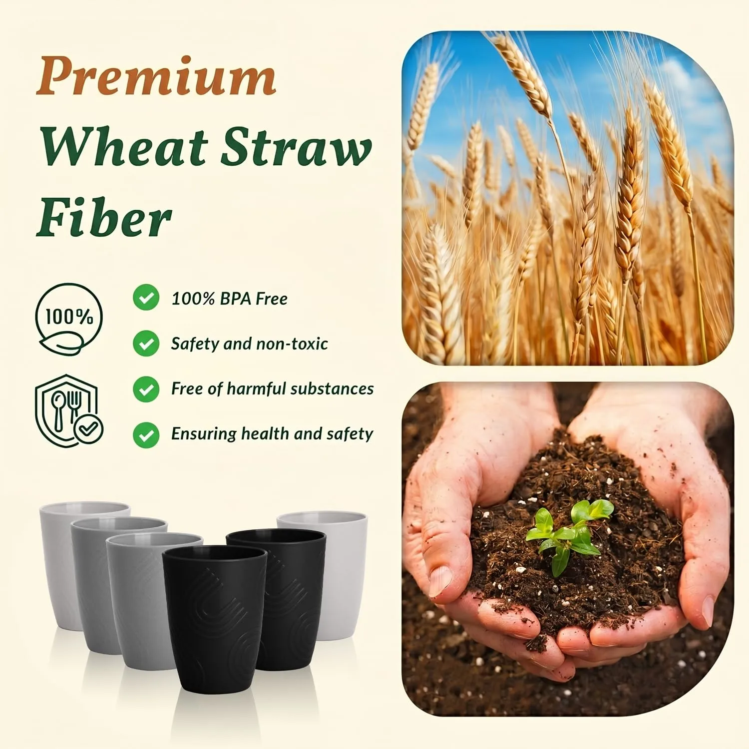 Homienly Drinking Glasses 16oz Wheat Straw Cups-Stackable and Reusable Cups, Alternative to Plastic Cups for Iced Coffee, Smoothies,Iced Tea-Black Grey