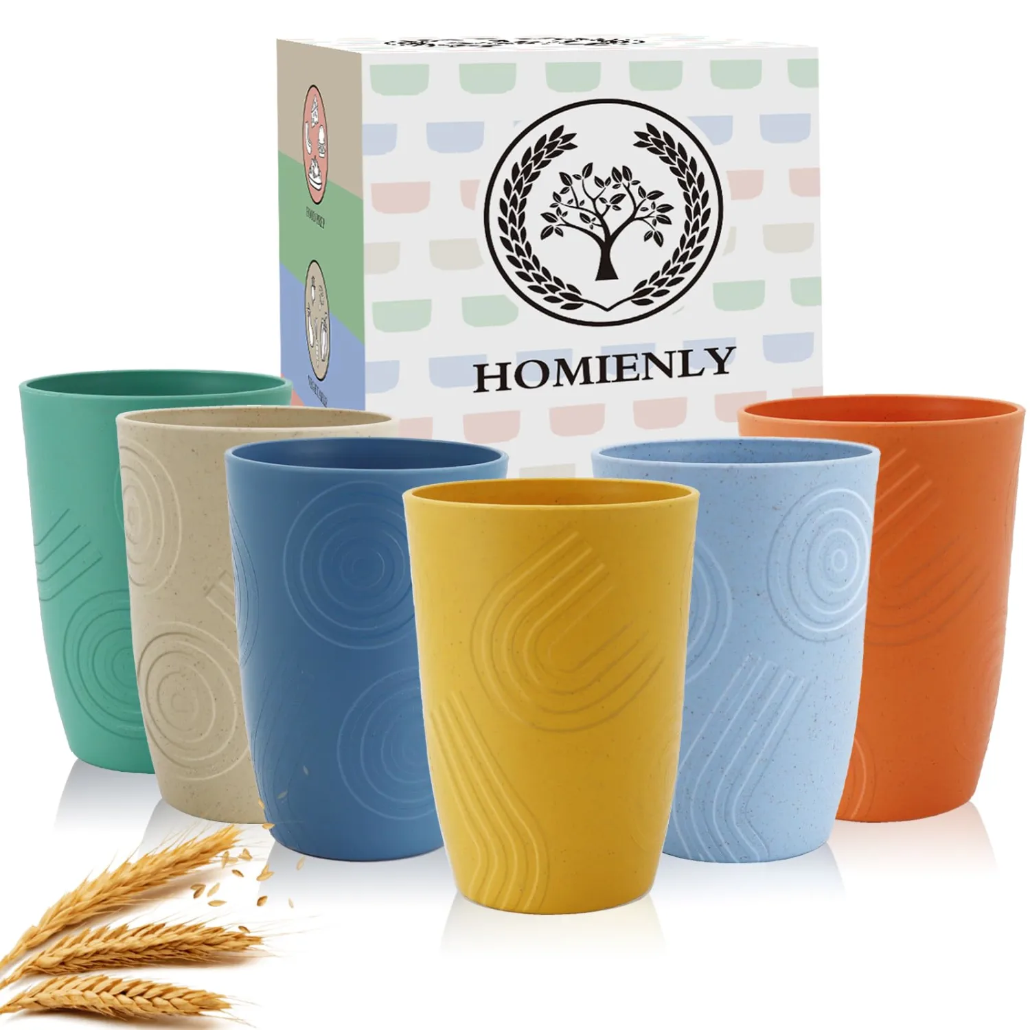 Homienly Wheat Straw Cups Unbreakable Plastic Cups Reusable Drinking Cups for Kitchen, Camping, Picnic, RV, Microwave & Dishwasher Safe Tumblers 16 oz Cups for Kids, Water, Juice, Set of 6 (Multi)