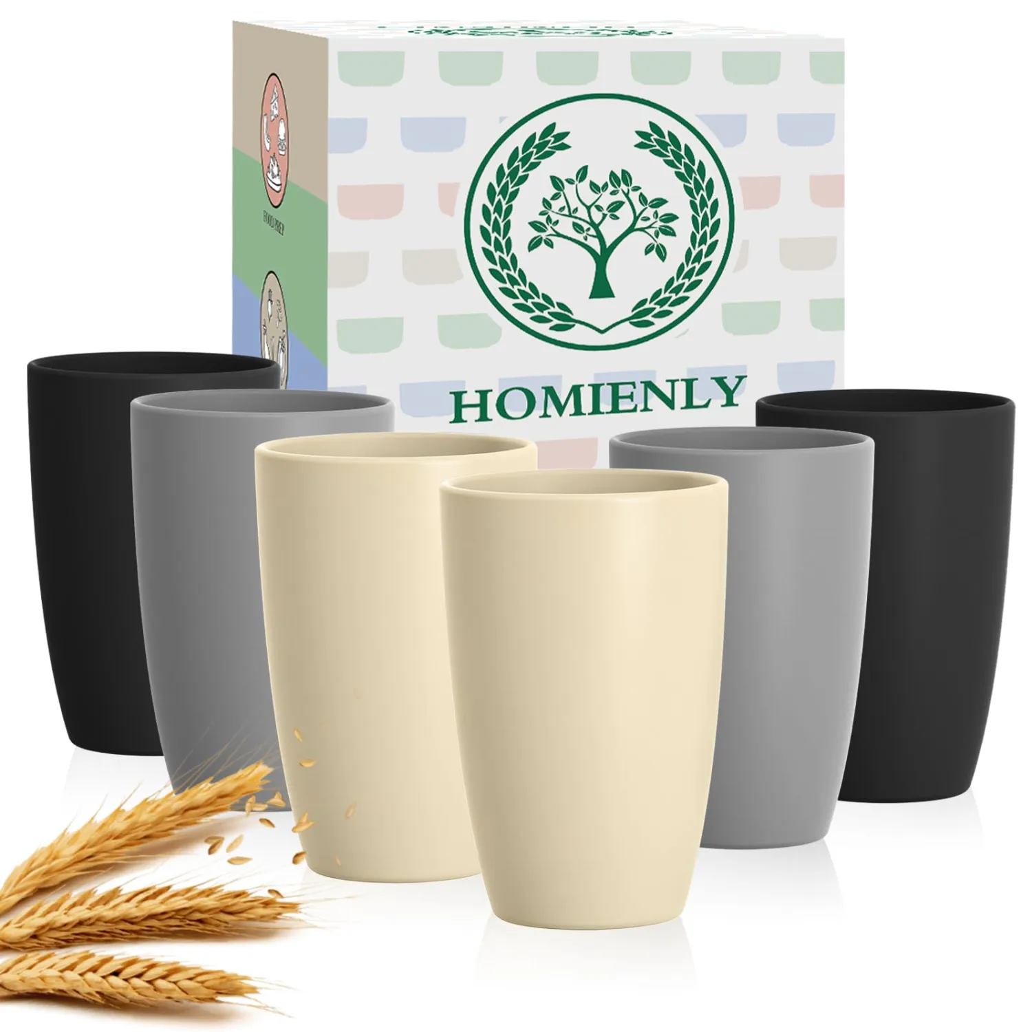 Homienly Premium Wheat Straw Cups, 20oz Lightweight and Unbreakable Drinking Cups Set of 6, Reusable Water Glasses Microwave and Dishwasher Safe Cup Set for Coffee, Milk, Juice - GreyStone