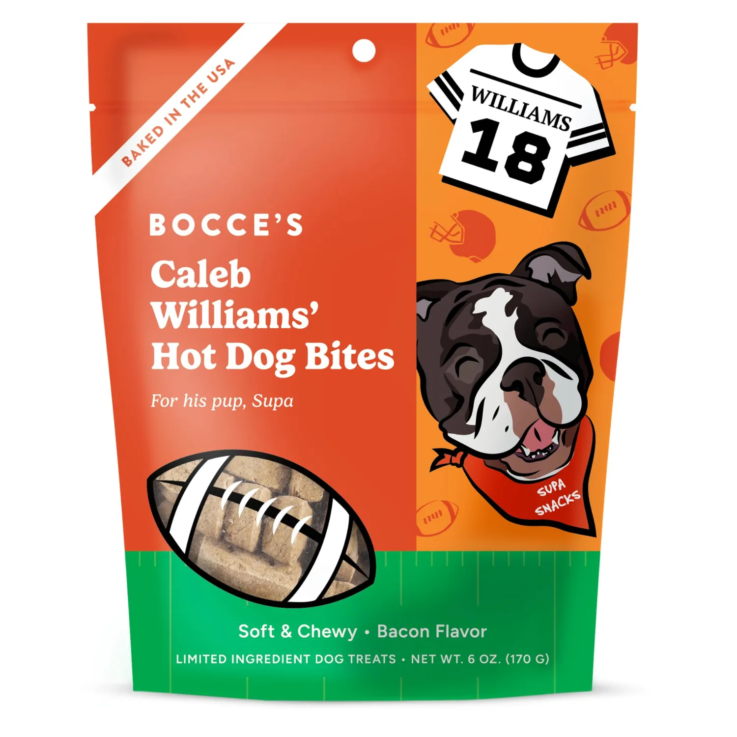 Bocce's Bakery Caleb William's Hot Dog Bites Dog Treats, PB & Bacon (6 oz) | Oven Baked, Wheat-Free Everyday Dog Treat Cookies - Made with Real, Limited Ingredients and Baked in The USA