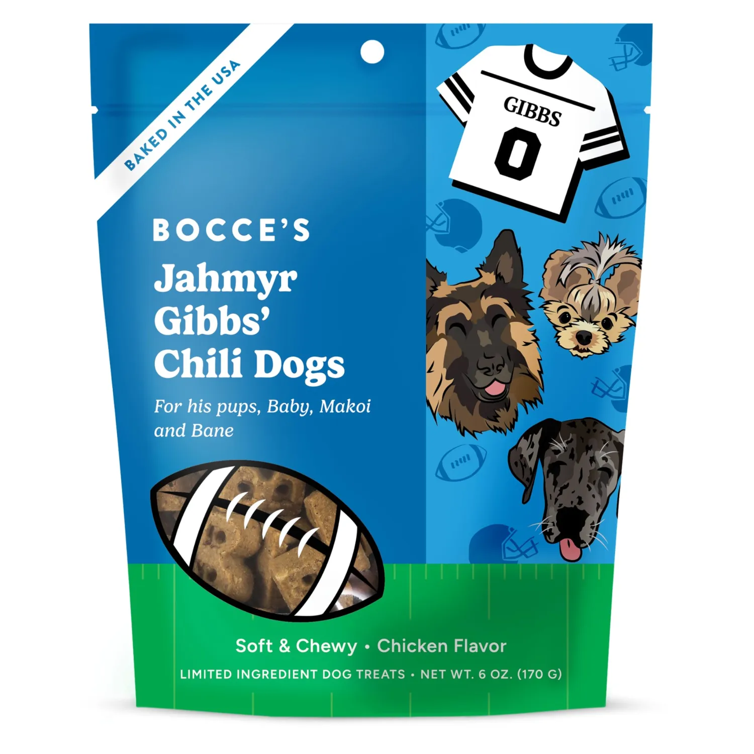 Bocce's Bakery Jahmyr Gibbs' Chili Dogs Dog Treats, Chicken & Pumpkin (6oz) | Oven Baked, Wheat-Free Everyday Dog Treat Cookies - Made with Real, Limited Ingredients and Baked in The USA