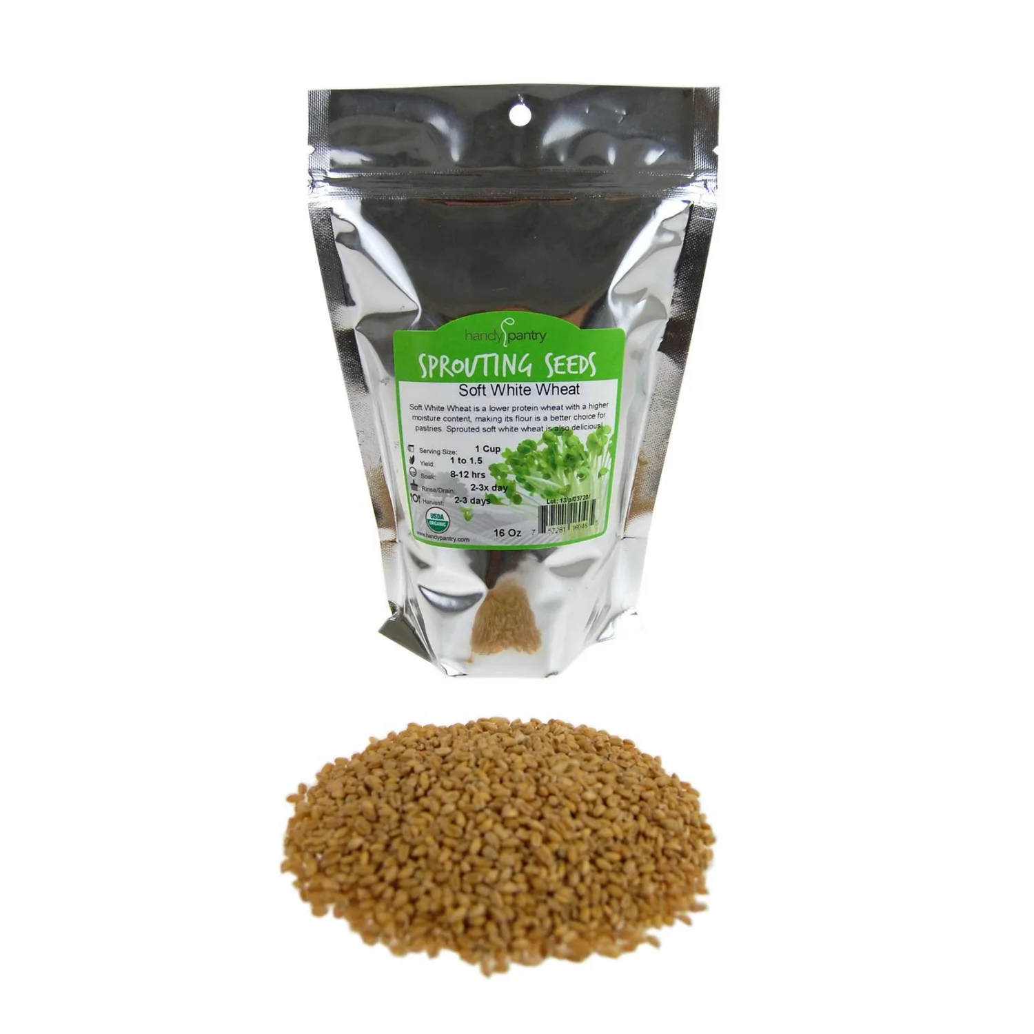 Handy Pantry Soft White Wheat Organic 1 Lbs Resealable Pouch for Food | Storage, Flour, Baking, Sprouting & More