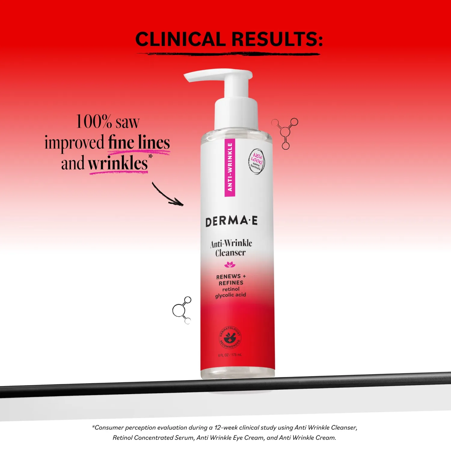 DERMA E Anti-Wrinkle Cleanser for Nighttime with Glyolic Acid, 6 Fl Oz | Exfoliating face wash, makeup remover, glycolic acid, retinol & bakuchiol, washes away dirt, oil & impurities for soft skin
