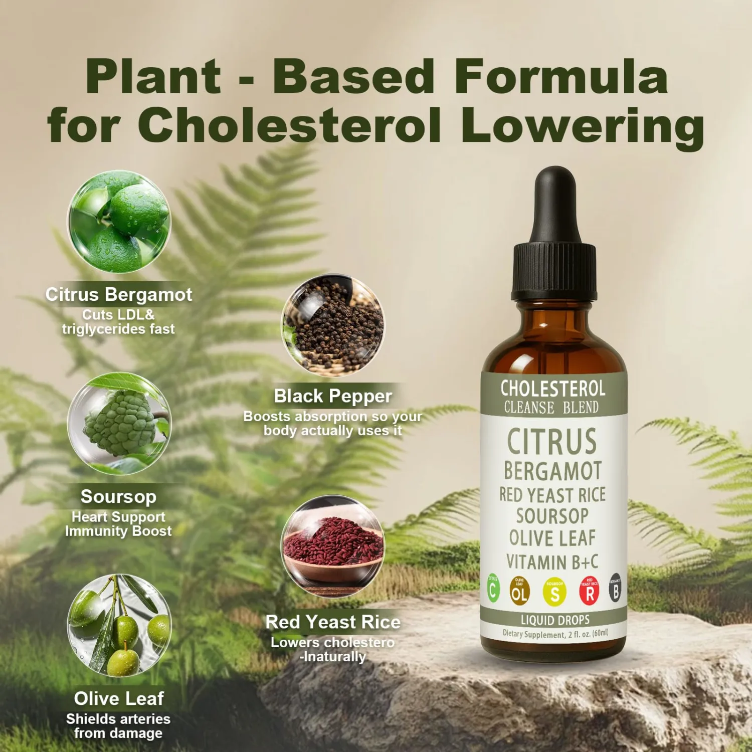 Red Yeast Rice Drops, Citrus Bergamot Red Yeast Rice, High Absorption Cholesterol Support Blend with Red Yeast Rices, Citrus Bergamot, Olive Leaf & Soursop, Natural, Non-GMO, Vegan - 2 fl oz