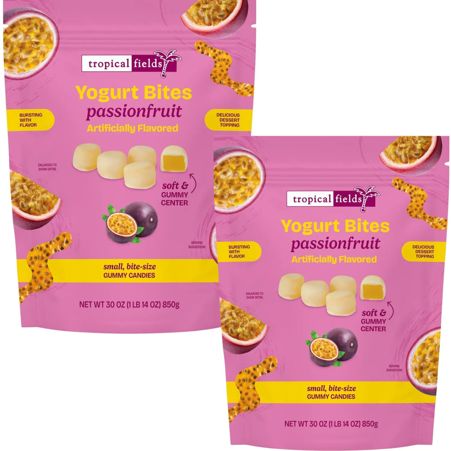 Passionfruit Yogurt Bites, Soft & Chewy Yogurt Filled Candy, Tropical Passion Fruit Flavor, Bite-Size Snack, Dessert Topping, 30 oz Bags (Pack of 2), Total Net Weight 60 oz (3.75 lb)