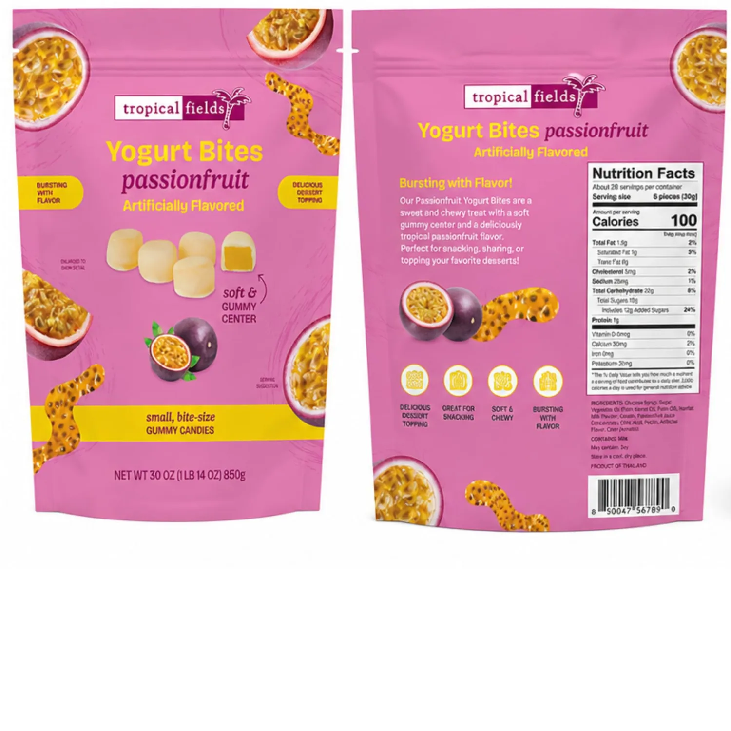 Passionfruit Yogurt Bites, Soft & Chewy Yogurt Filled Candy, Tropical Passion Fruit Flavor, Bite-Size Snack, Dessert Topping, 30 oz Bags (Pack of 2), Total Net Weight 60 oz (3.75 lb)
