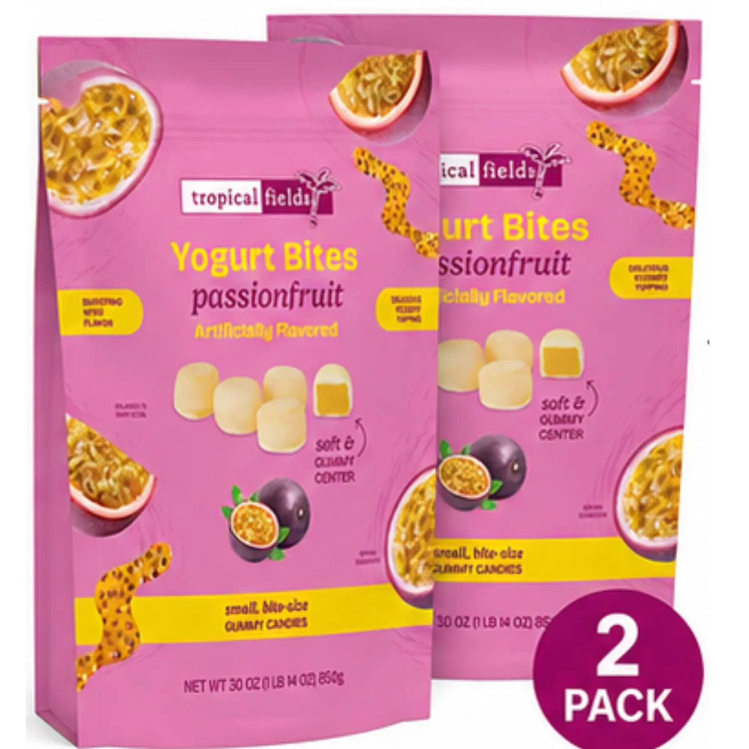 Passionfruit Yogurt Bites, Soft & Chewy Yogurt Filled Candy, Tropical Passion Fruit Flavor, Bite-Size Snack, Dessert Topping, 30 oz Bags (Pack of 2), Total Net Weight 60 oz (3.75 lb)