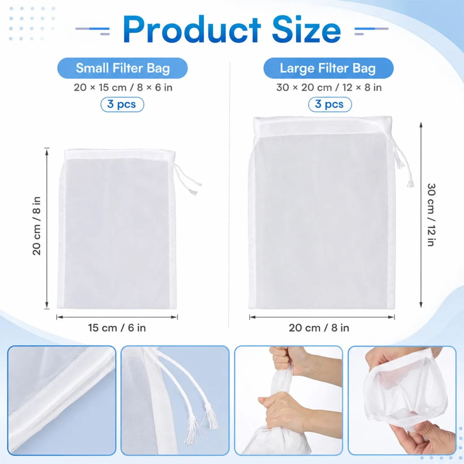 Grevosea 6 Pcs Fine Mesh Brew Bags, White Nylon Cheesecloth for Straining | Mesh Strainer Bag Cheese Cloth Bag for Fruit Juice Nut Milk Yogurt Cheese Home Brewing and Wine Making (6*8in, 8*12in)